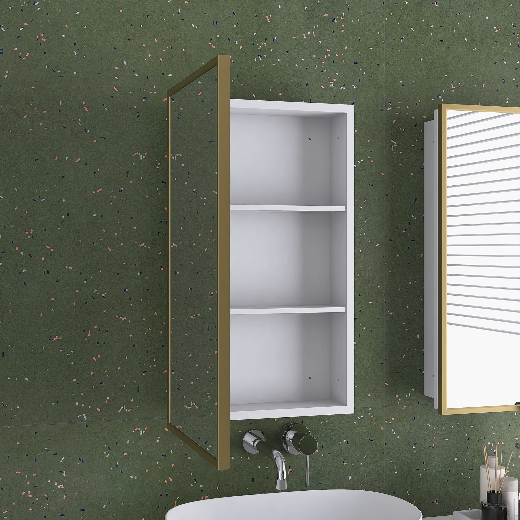 16" x 28" Wall Mounted Gold Framed Storage Bathroom Medicine Cabinet with Mirror