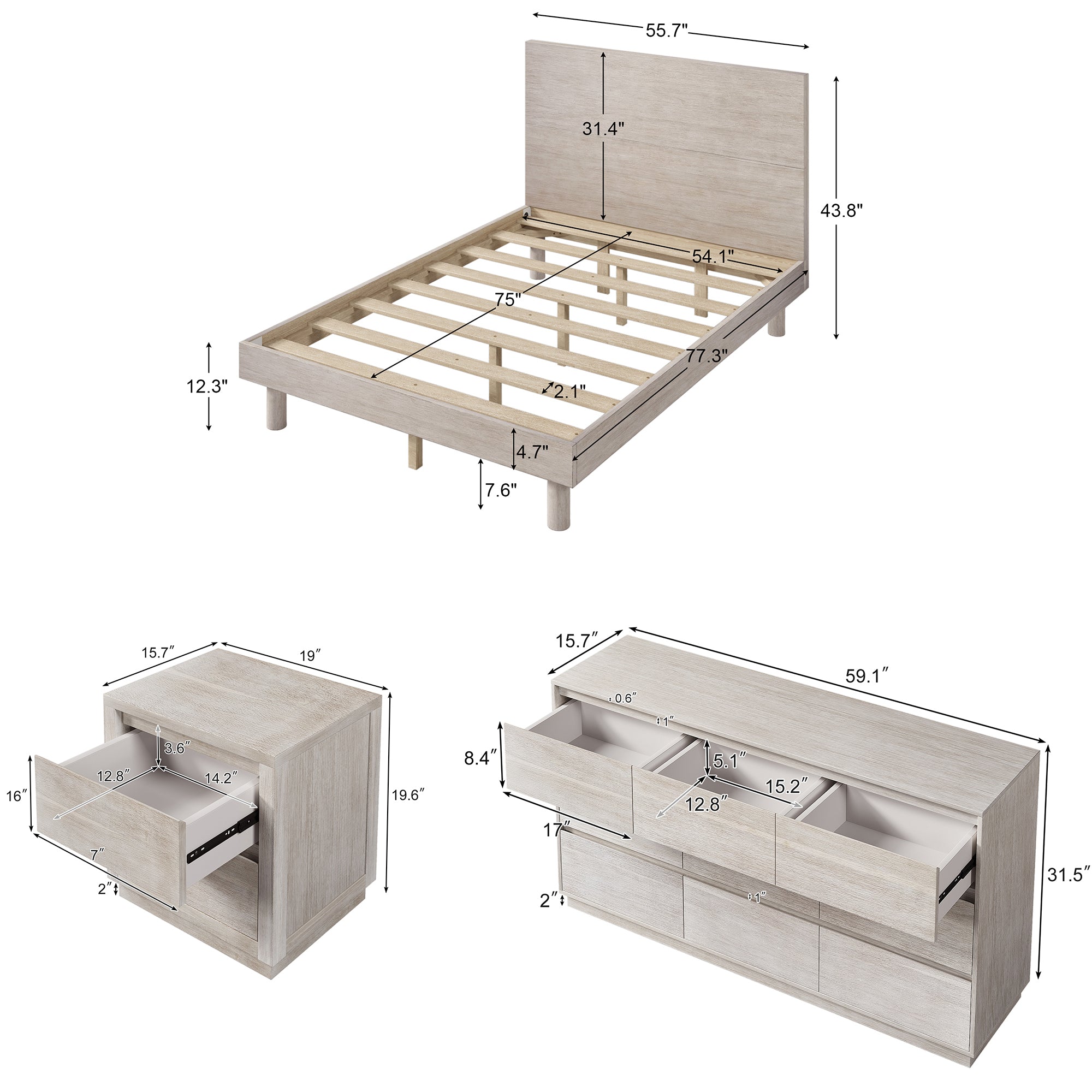 4 Pieces Wood Frame Bedroom Set with Platform Bed and Nightstand and Dresser