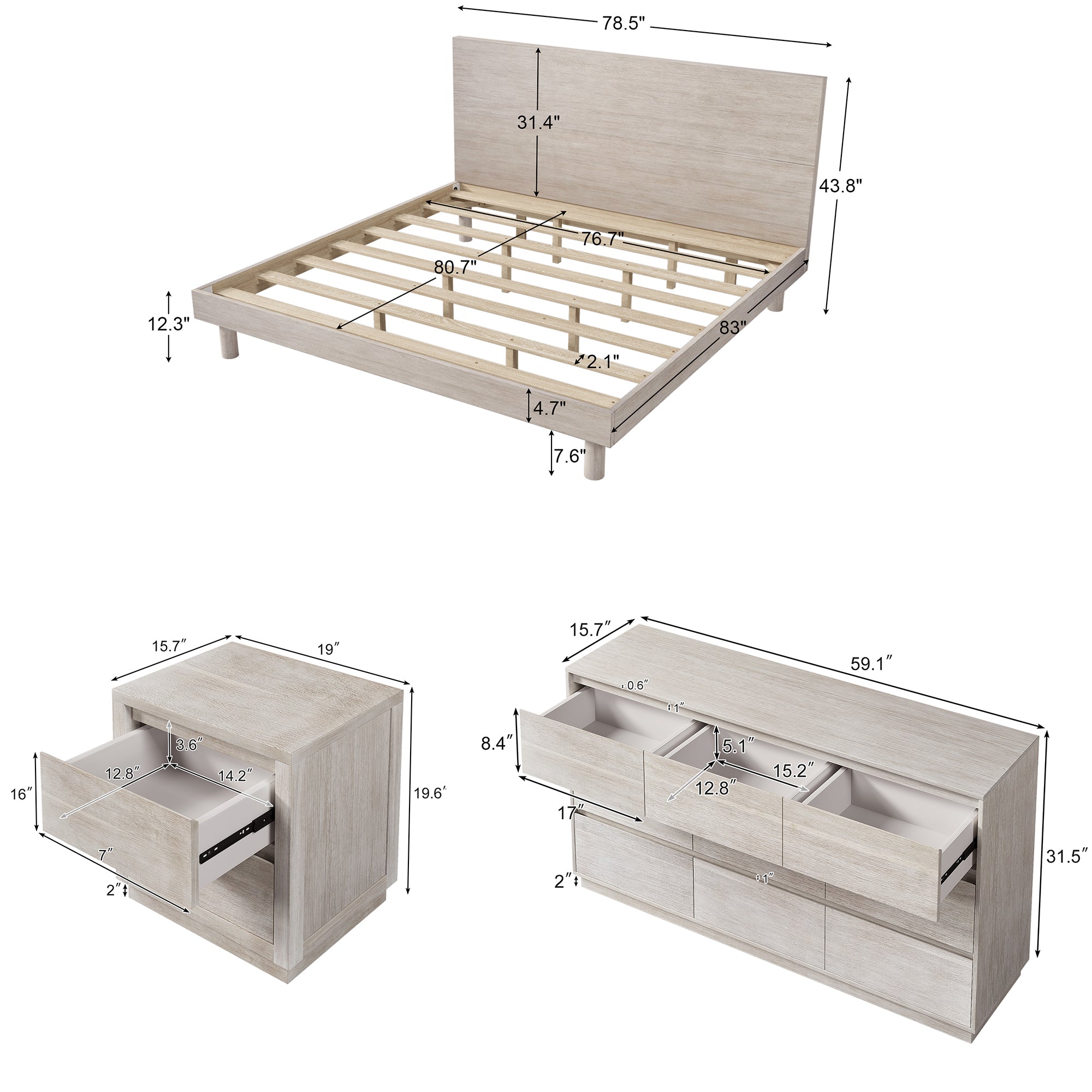 4 Pieces Wood Frame Bedroom Set with Platform Bed and Nightstand and Dresser
