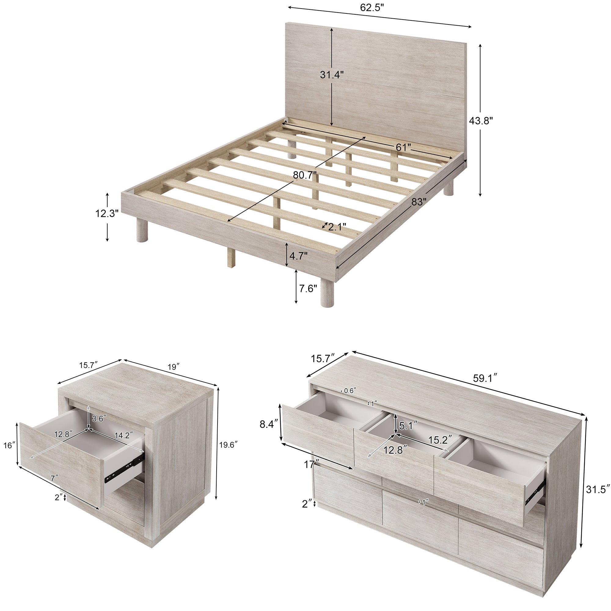 4 Pieces Wood Frame Bedroom Set with Platform Bed and Nightstand and Dresser
