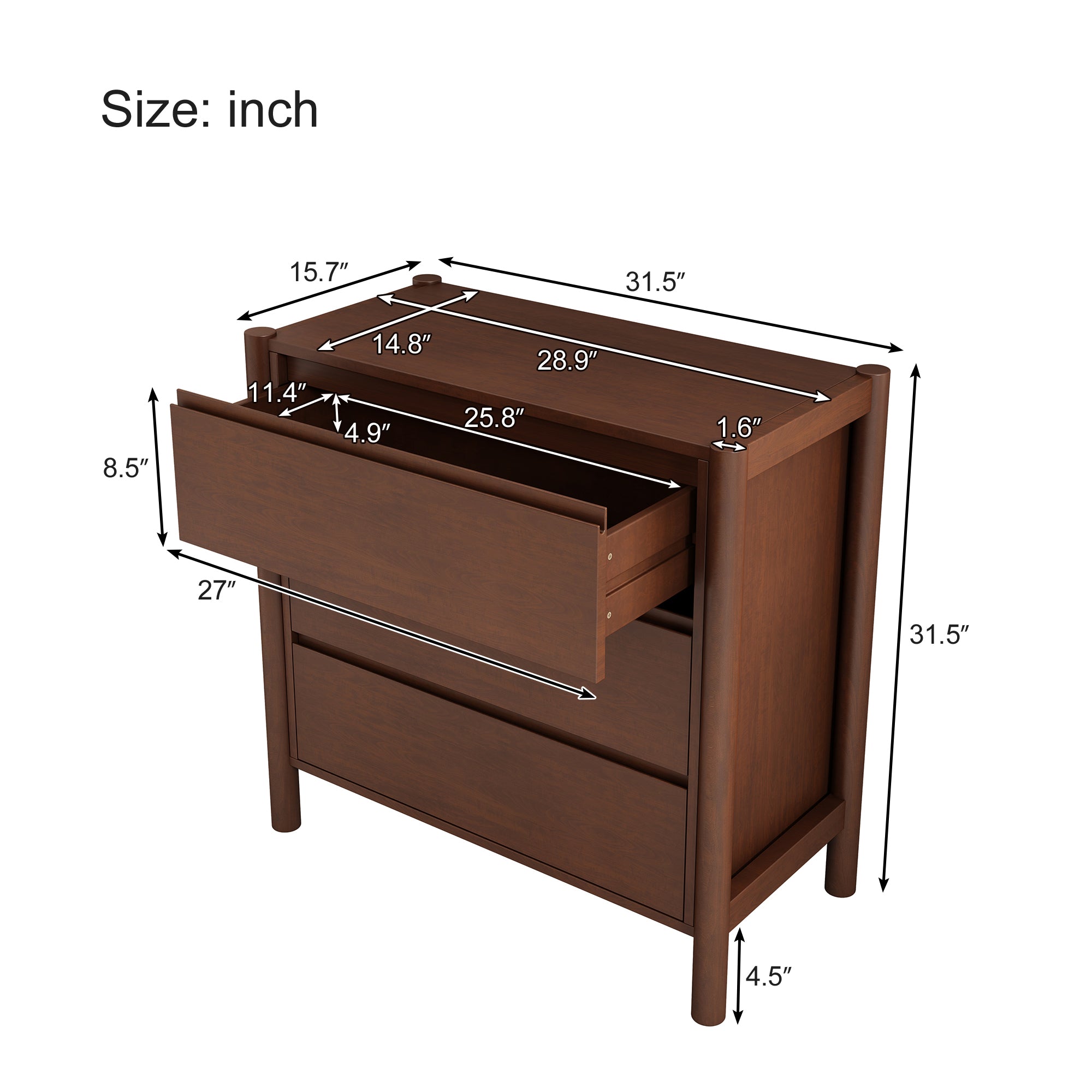 2-Drawer Rubber Wood Nightstand in Walnut