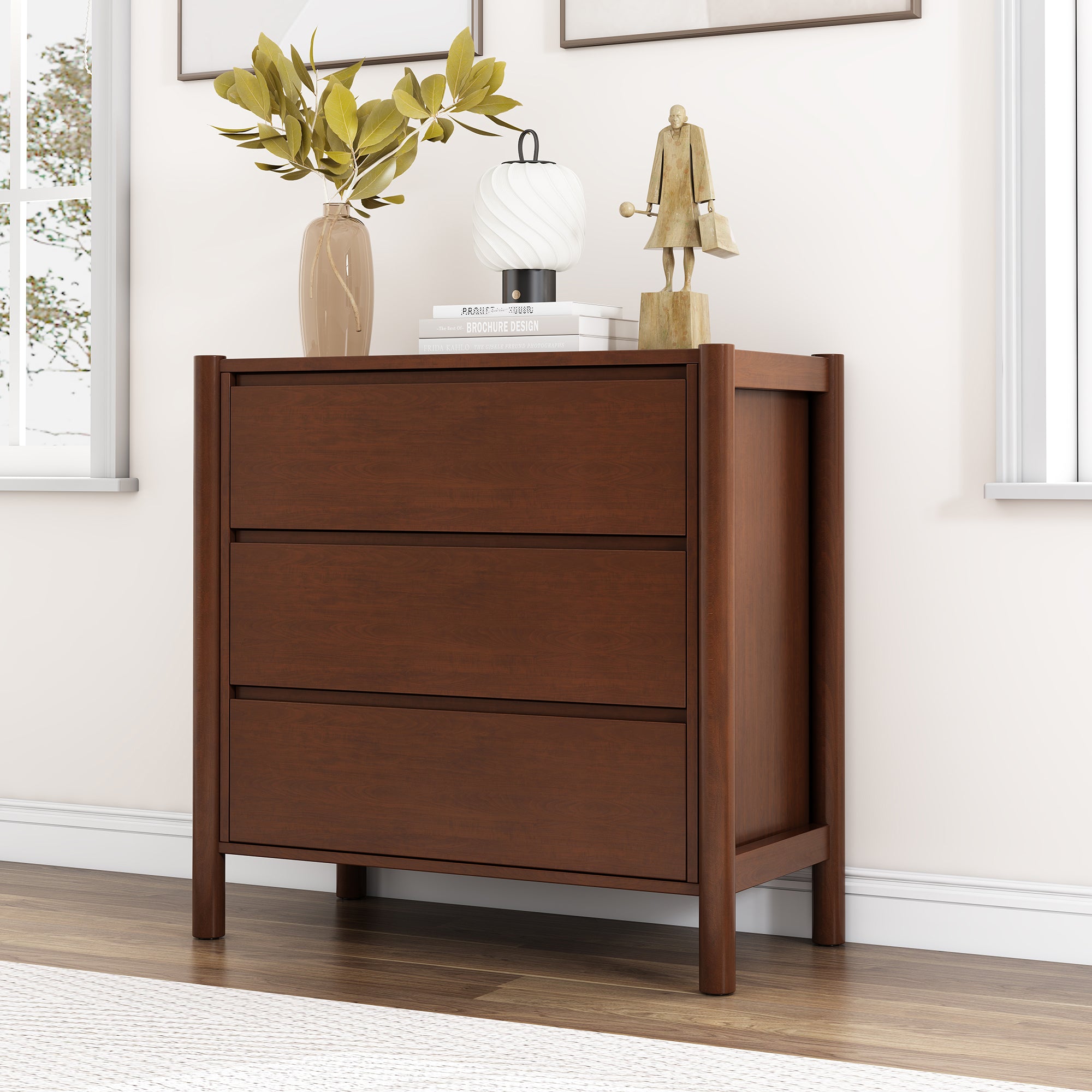 2-Drawer Rubber Wood Nightstand in Walnut