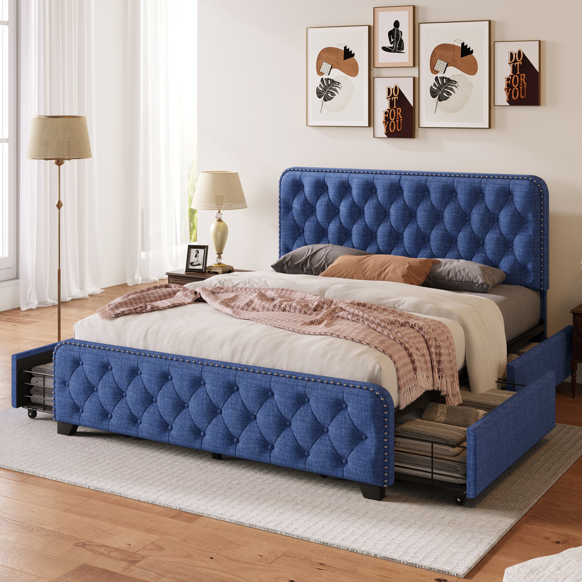 Upholstered Platform Bed with 4 Drawers, Button Tufted Headboard and Footboard Sturdy Metal Support