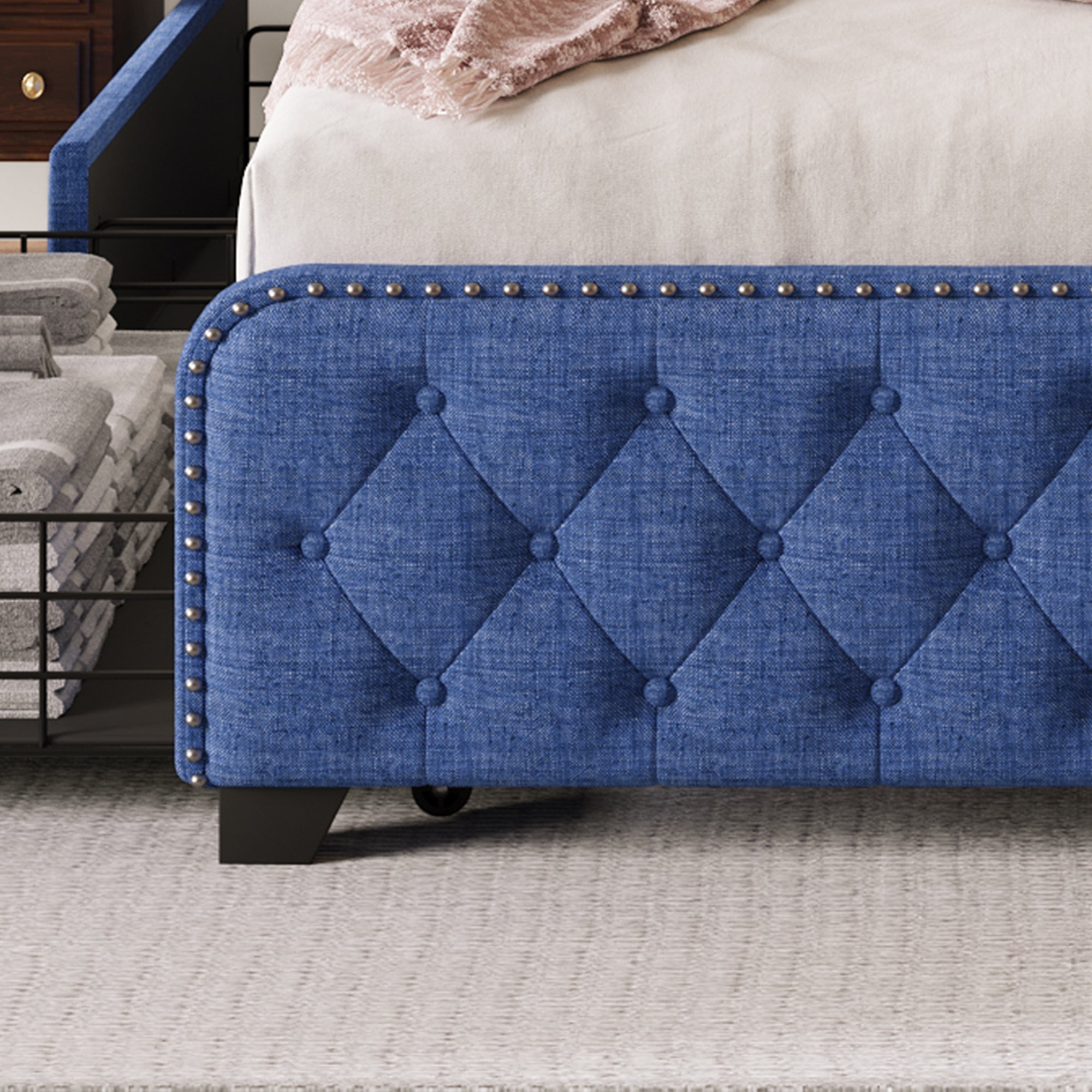 Upholstered Platform Bed with 4 Drawers, Button Tufted Headboard and Footboard Sturdy Metal Support