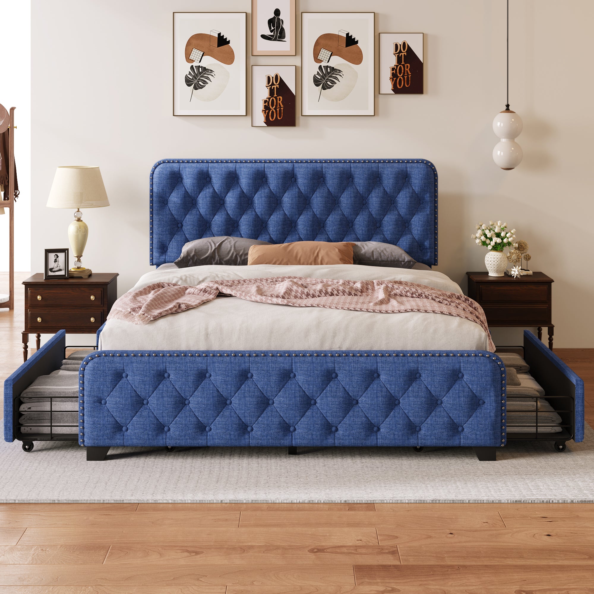 Upholstered Platform Bed with 4 Drawers, Button Tufted Headboard and Footboard Sturdy Metal Support