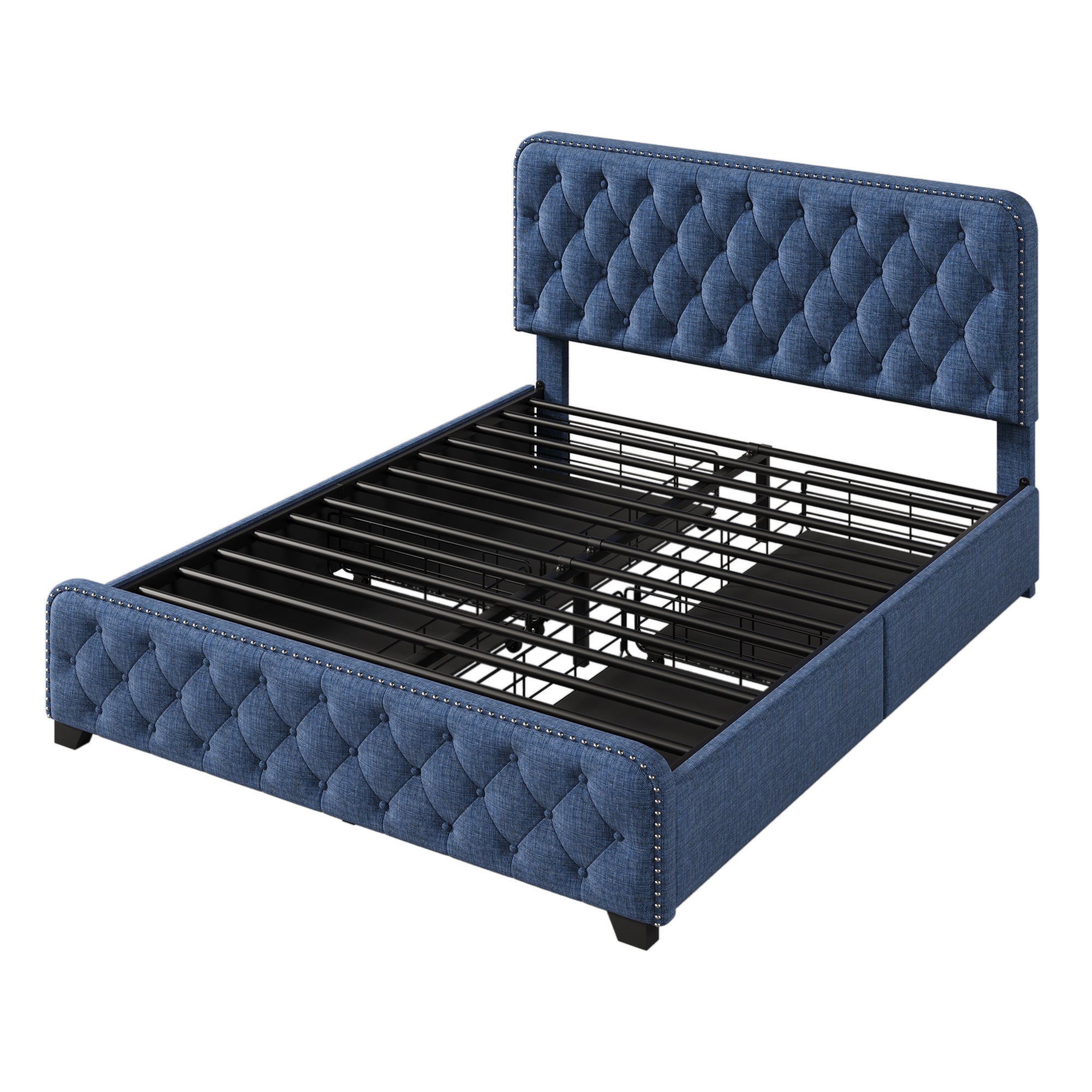 Upholstered Platform Bed with 4 Drawers, Button Tufted Headboard and Footboard Sturdy Metal Support