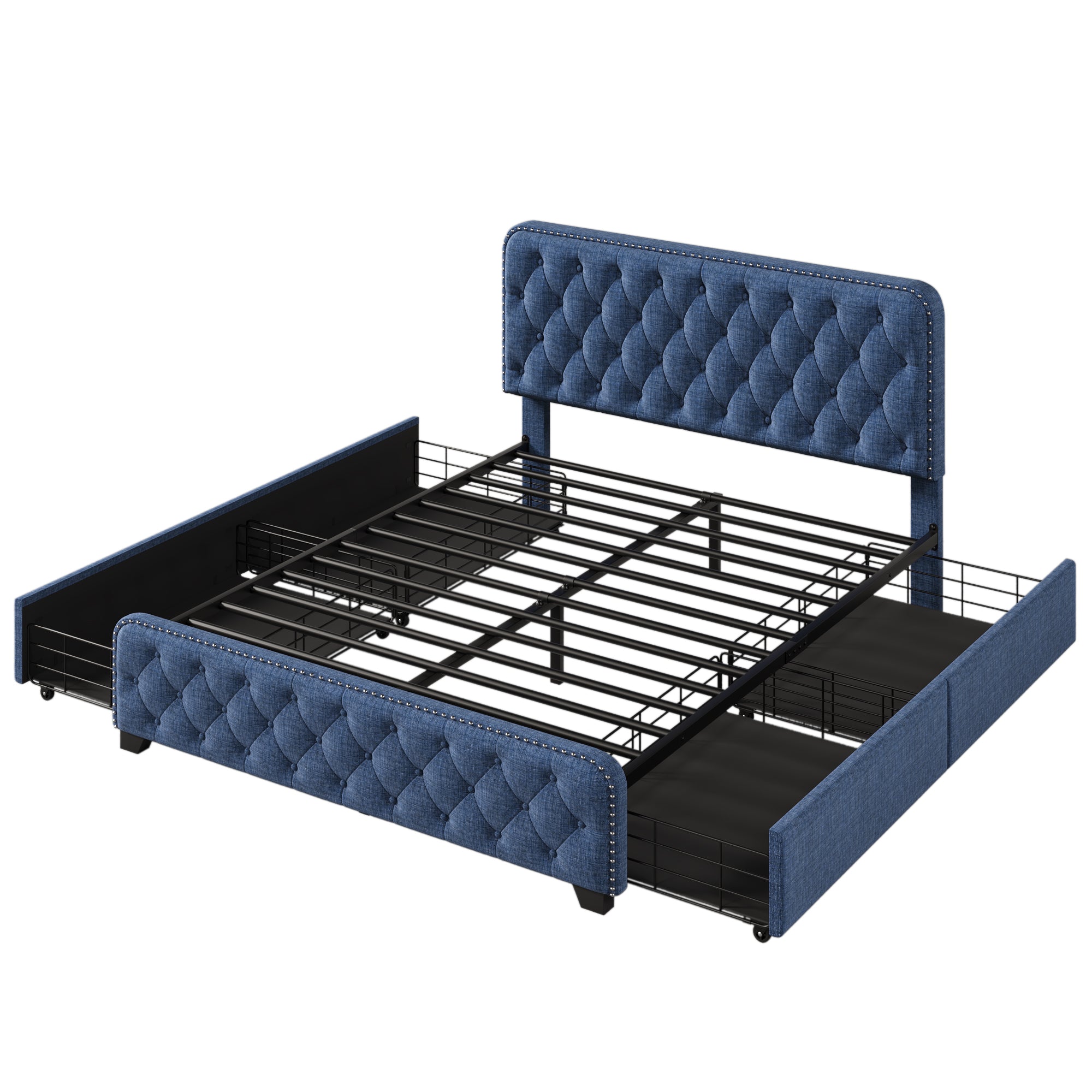 Upholstered Platform Bed with 4 Drawers, Button Tufted Headboard and Footboard Sturdy Metal Support