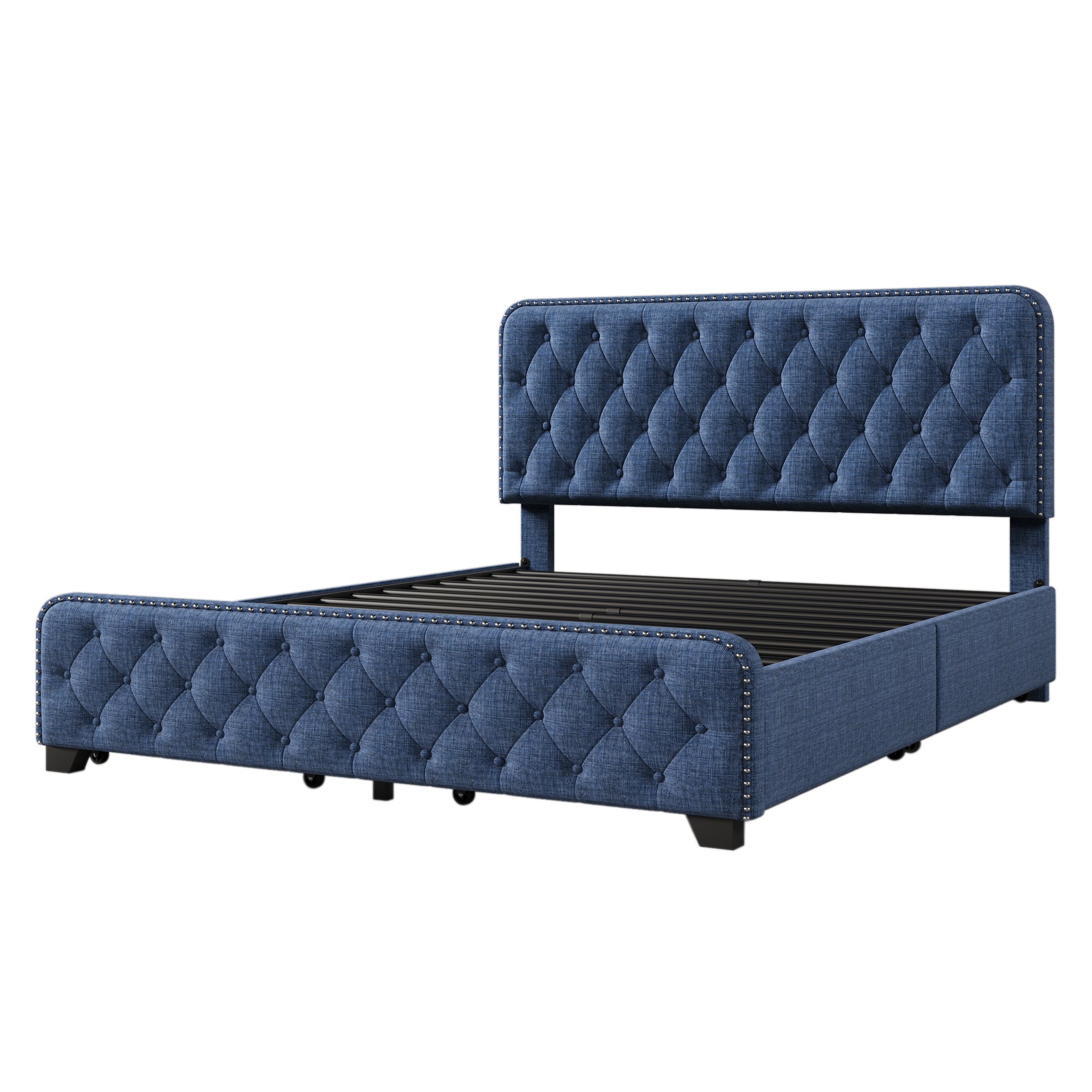 Upholstered Platform Bed with 4 Drawers, Button Tufted Headboard and Footboard Sturdy Metal Support