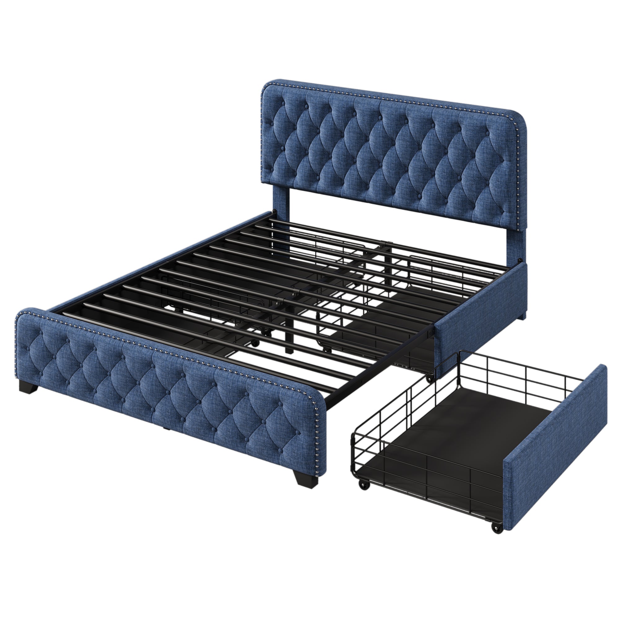 Upholstered Platform Bed with 4 Drawers, Button Tufted Headboard and Footboard Sturdy Metal Support