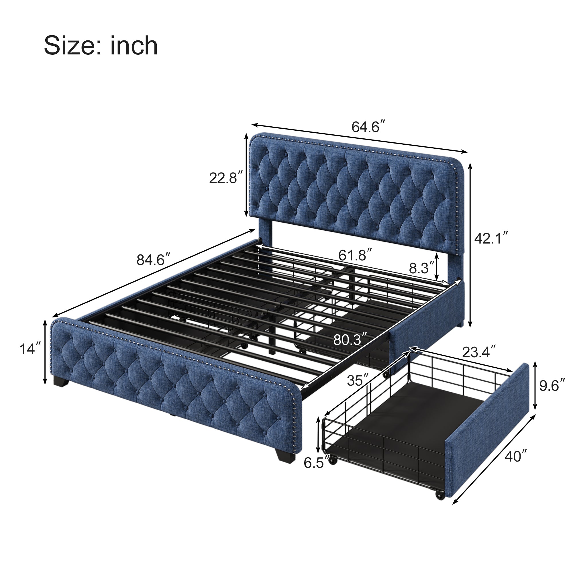 Upholstered Platform Bed with 4 Drawers, Button Tufted Headboard and Footboard Sturdy Metal Support