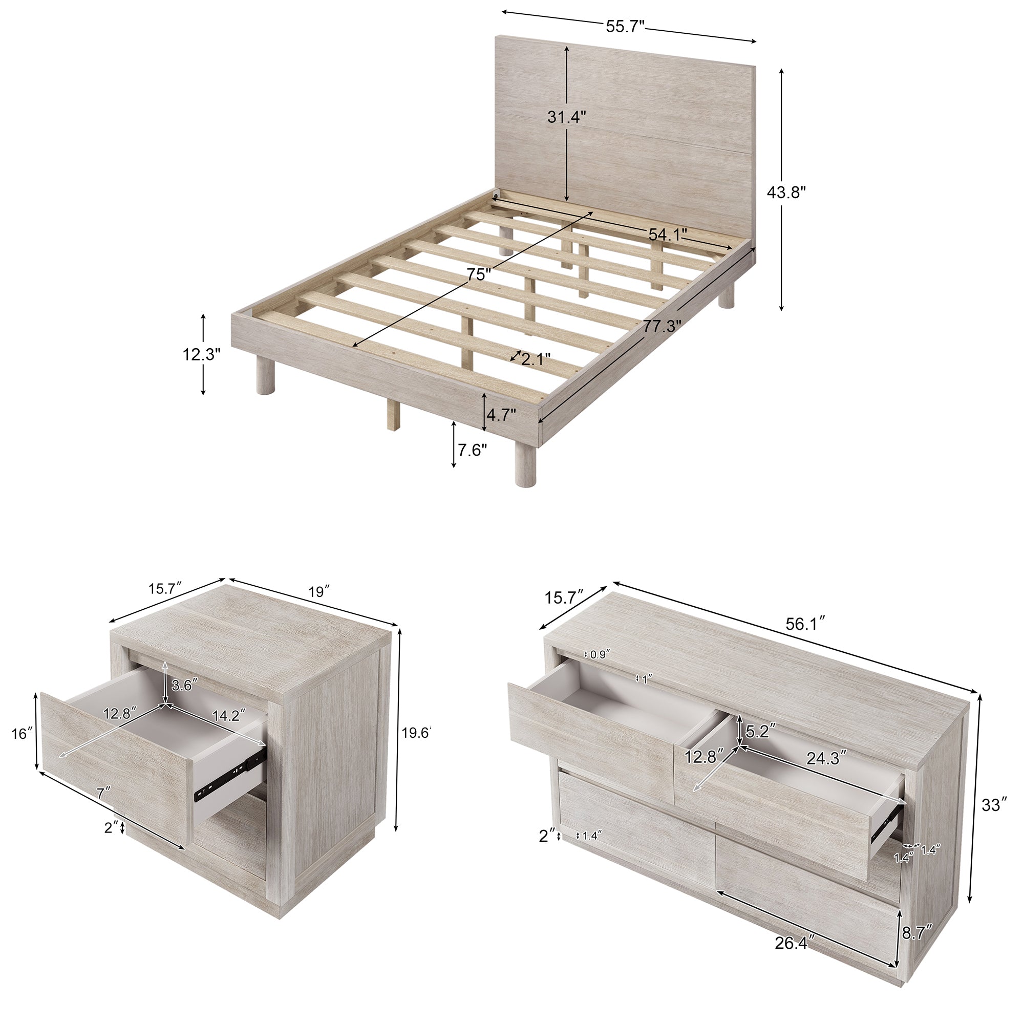 3 Pieces Wood Frame Bedroom Set with Full Platform Bed and Nightstand and Dresser