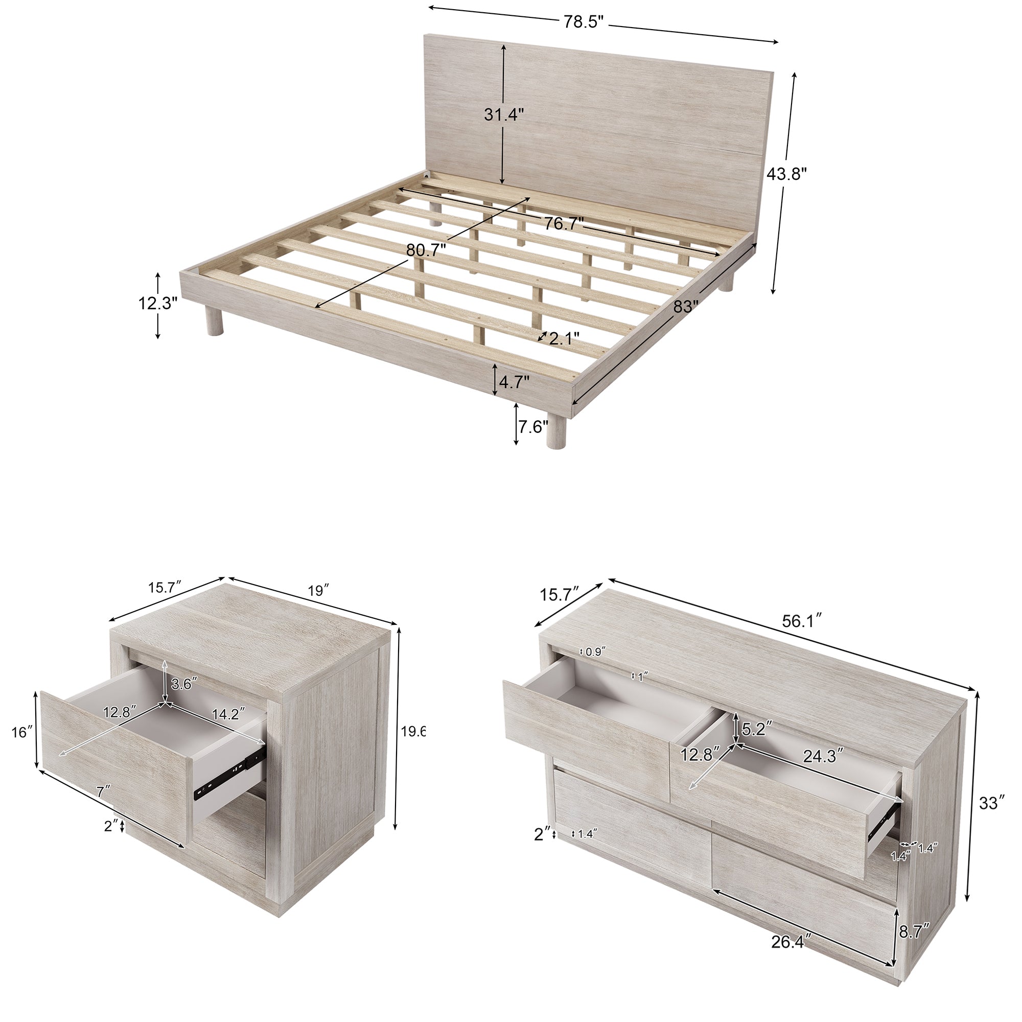 3 Pieces Wood Frame Bedroom Set with Full Platform Bed and Nightstand and Dresser