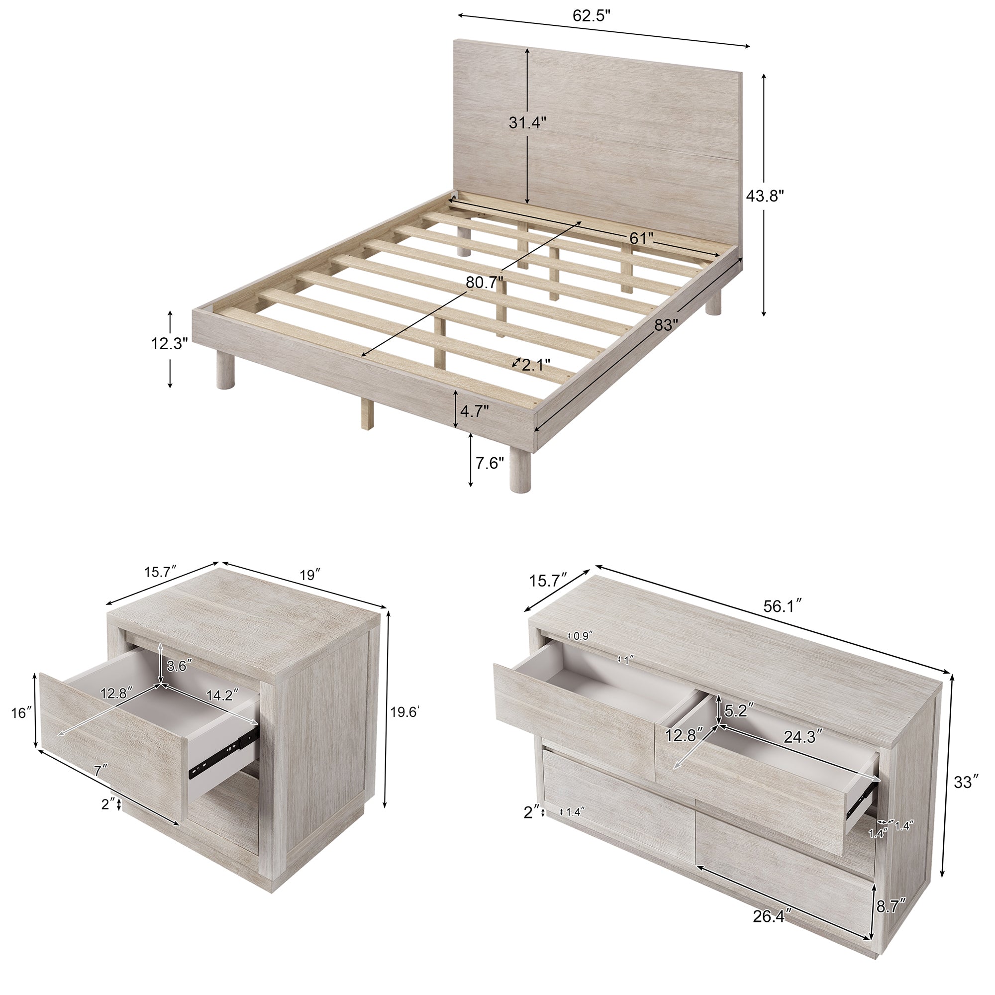 3 Pieces Wood Frame Bedroom Set with Full Platform Bed and Nightstand and Dresser