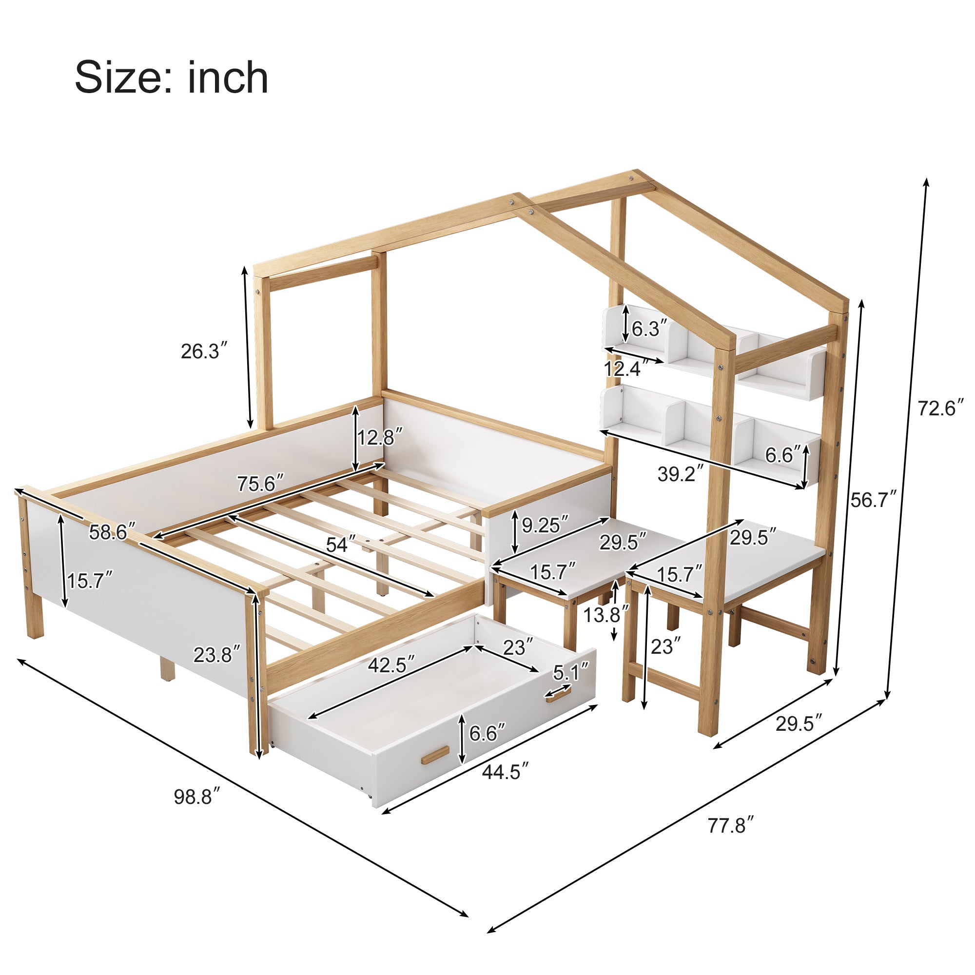 White Full Wood Frame House Bed with Drawer and Bookshelf