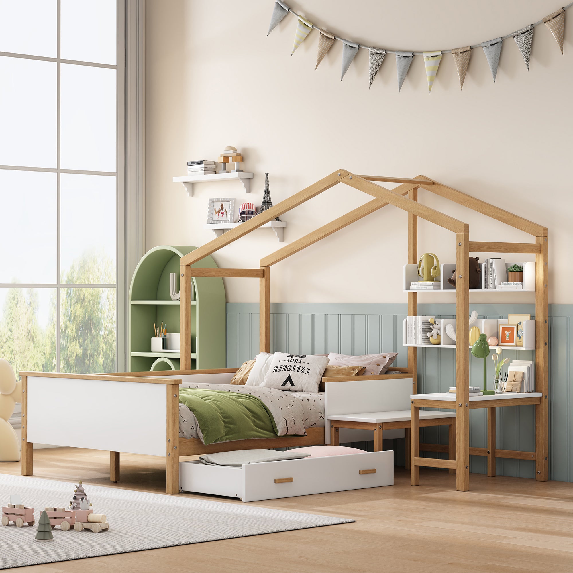 White Full Wood Frame House Bed with Drawer and Bookshelf