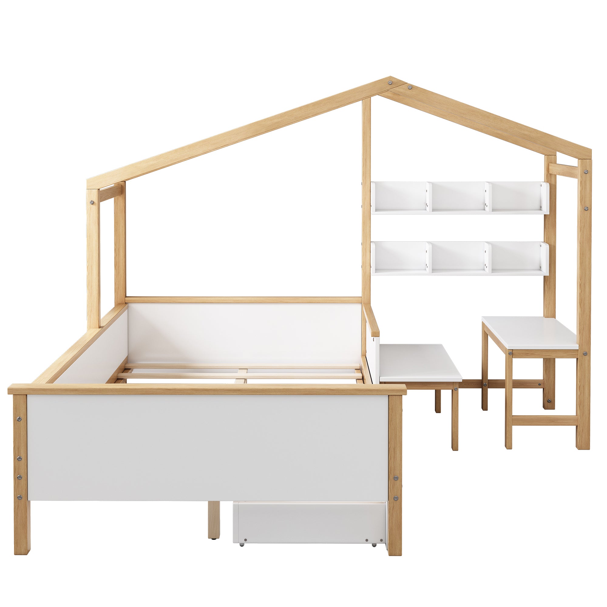 White Full Wood Frame House Bed with Drawer and Bookshelf