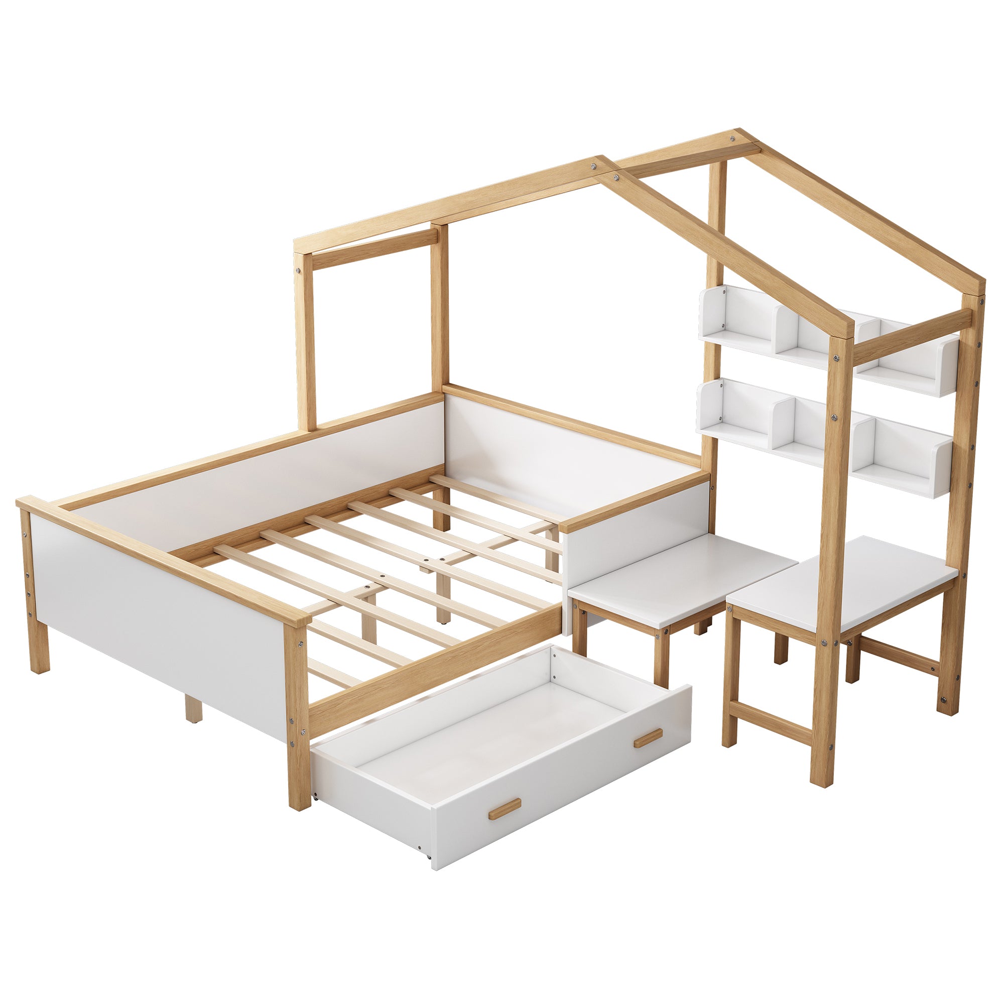 White Full Wood Frame House Bed with Drawer and Bookshelf