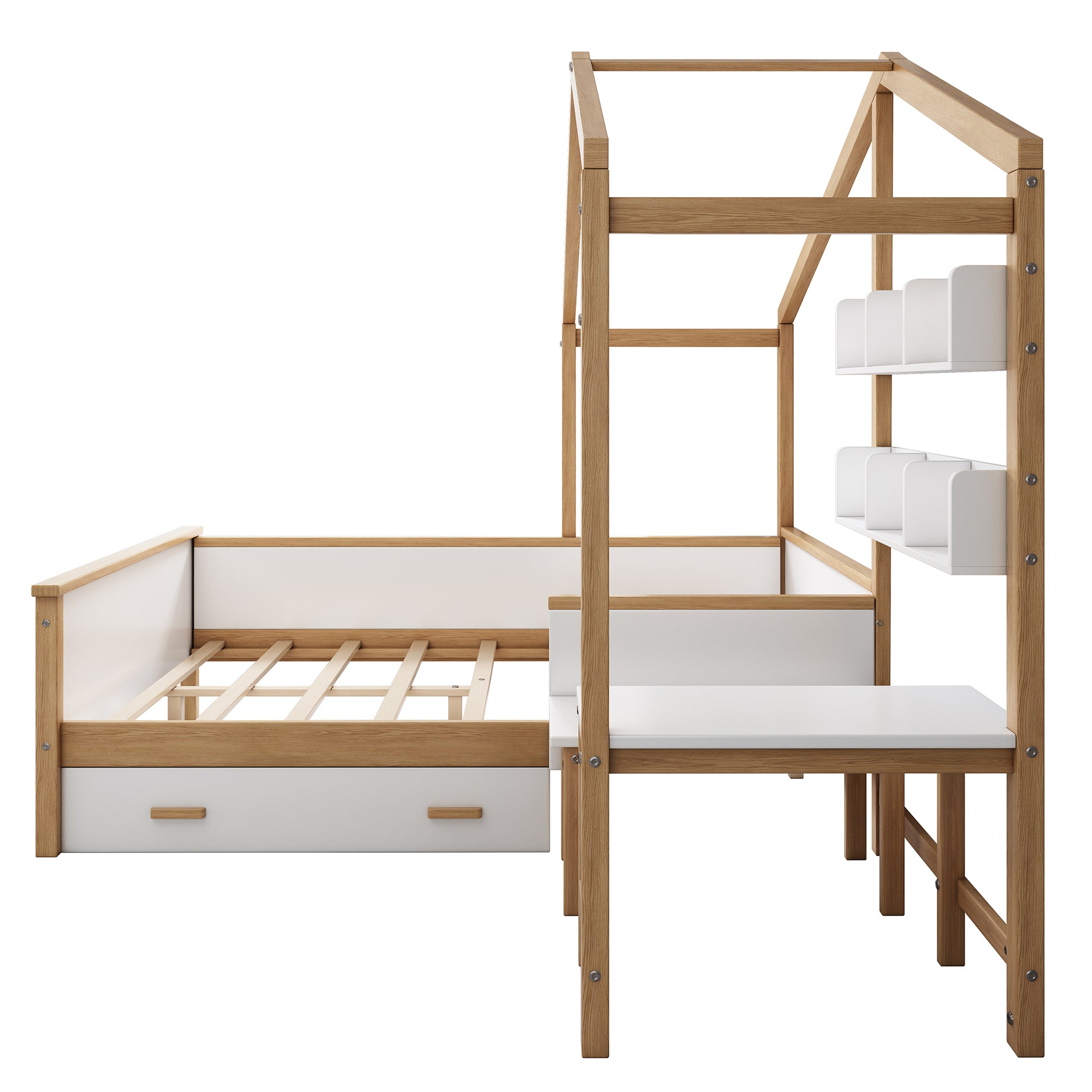 White Full Wood Frame House Bed with Drawer and Bookshelf