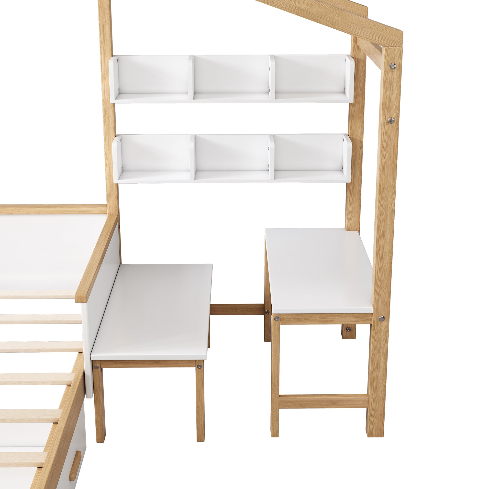 White Full Wood Frame House Bed with Drawer and Bookshelf