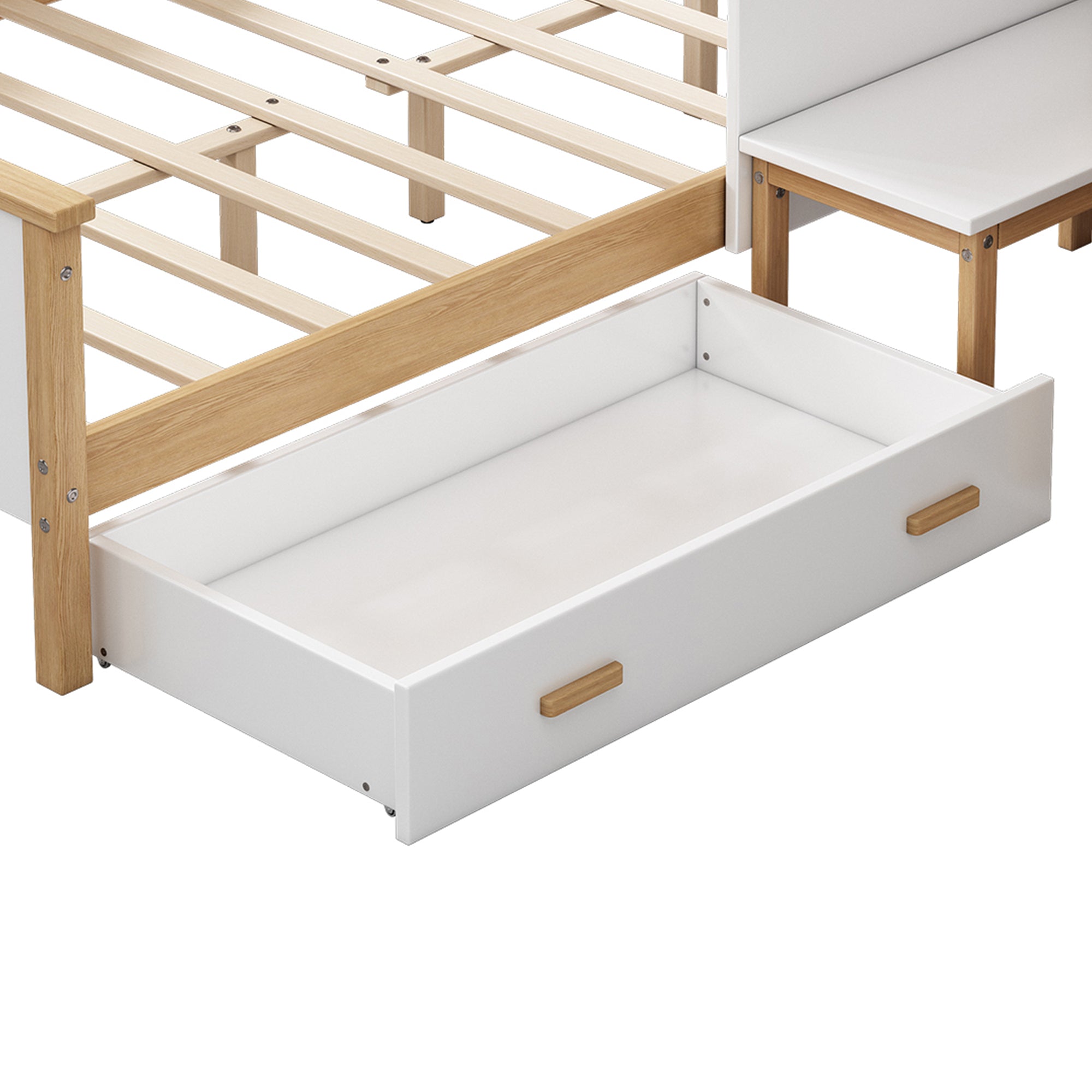 White Full Wood Frame House Bed with Drawer and Bookshelf