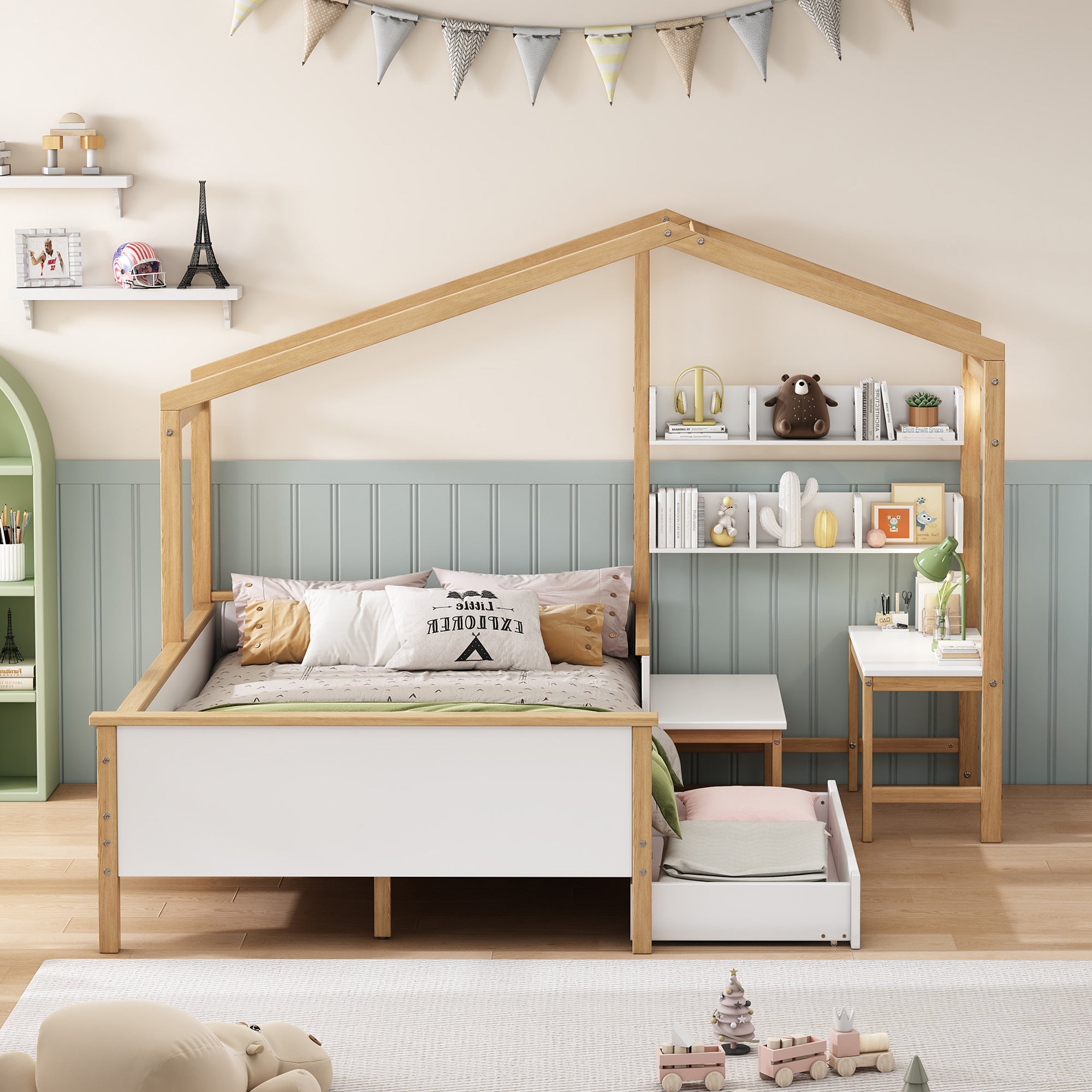 White Full Wood Frame House Bed with Drawer and Bookshelf