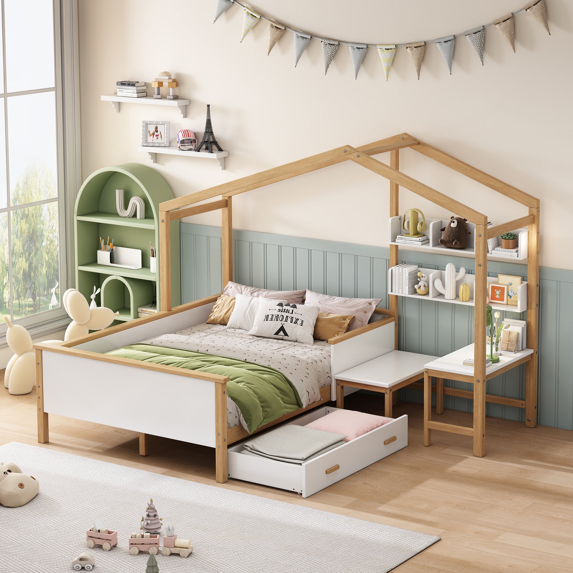 White Full Wood Frame House Bed with Drawer and Bookshelf