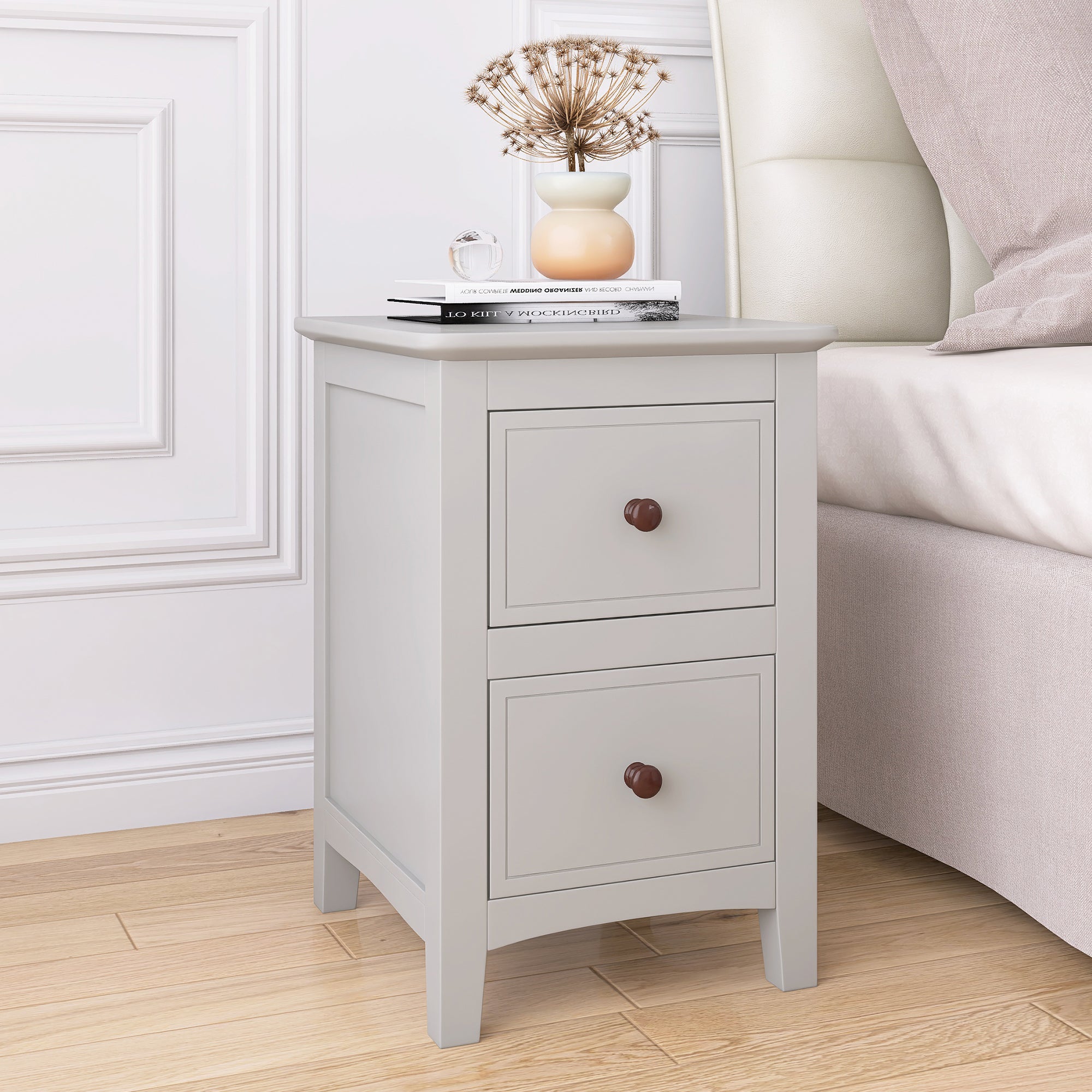 2 Drawers Solid Wood Nightstand End Table