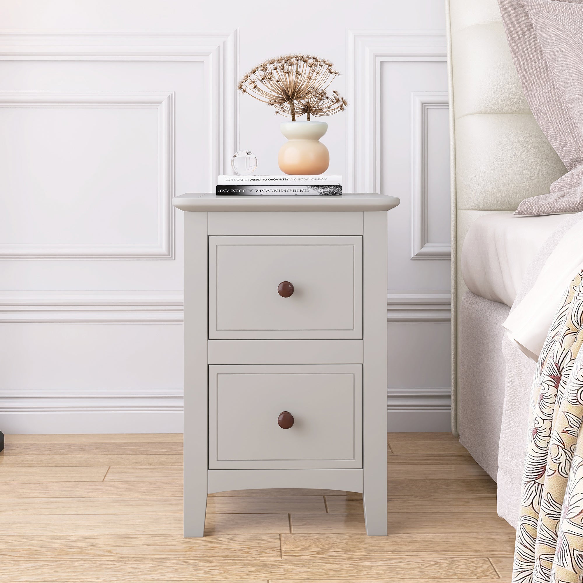 2 Drawers Solid Wood Nightstand End Table