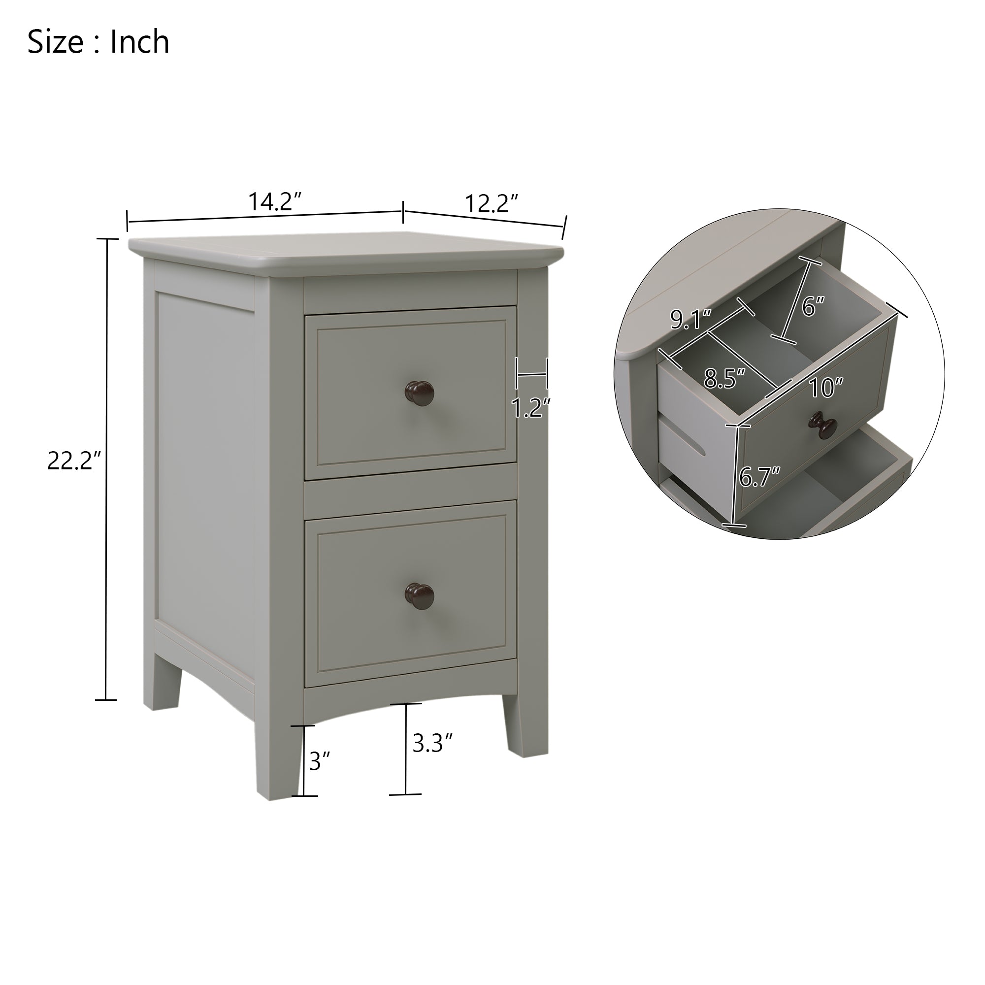 2 Drawers Solid Wood Nightstand End Table