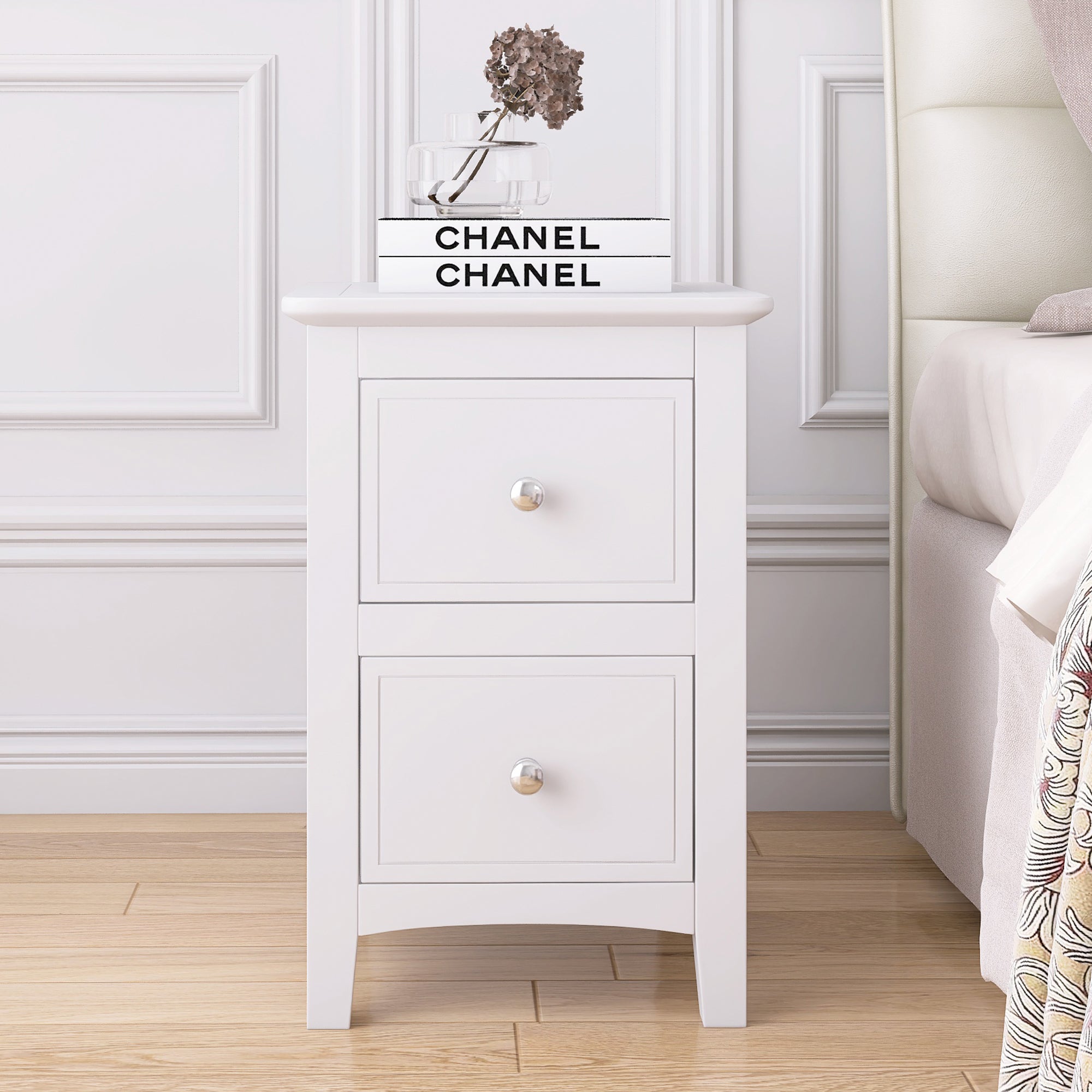 2 Drawers Solid Wood Nightstand End Table