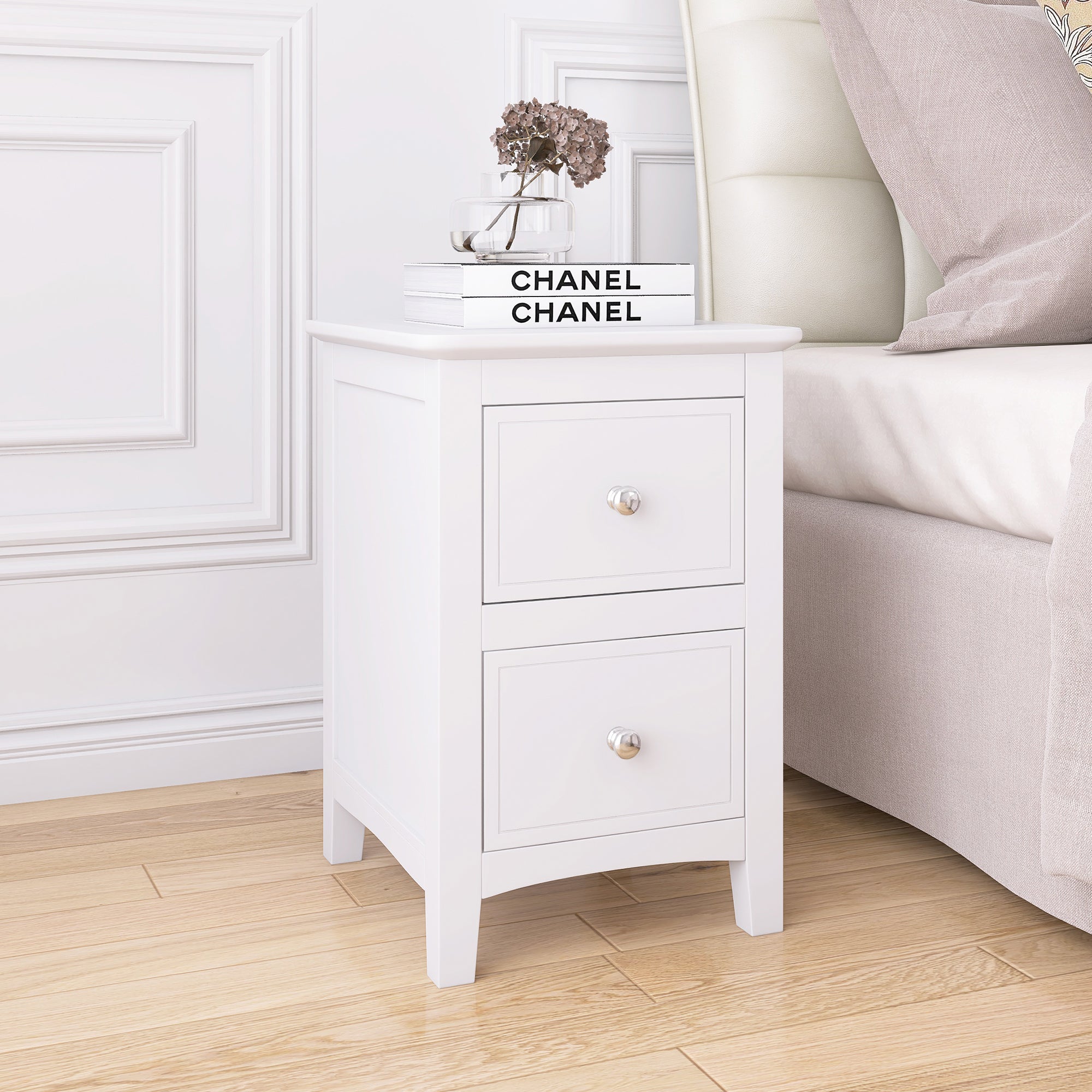 2 Drawers Solid Wood Nightstand End Table