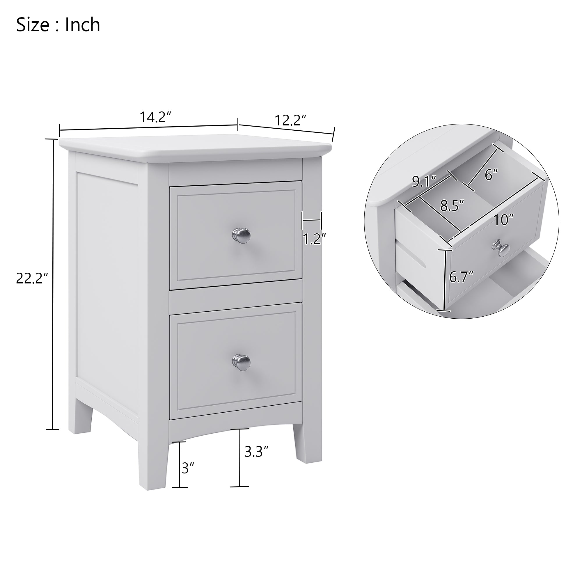 2 Drawers Solid Wood Nightstand End Table