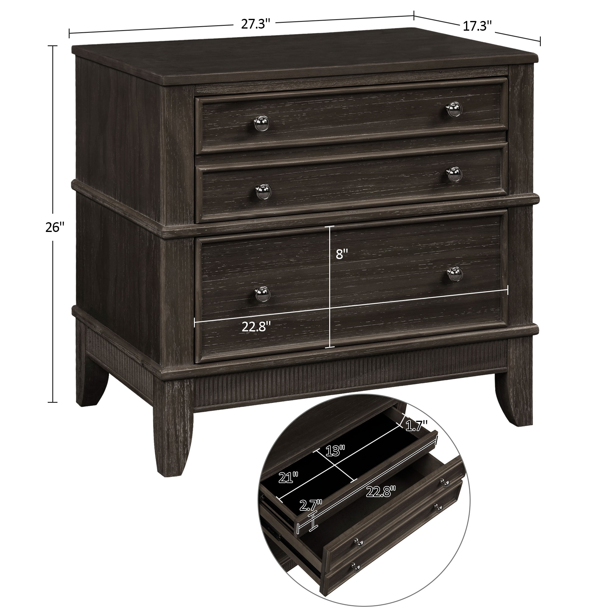 3-Drawer Solid Wood Nightstand in Natural/ Coffee