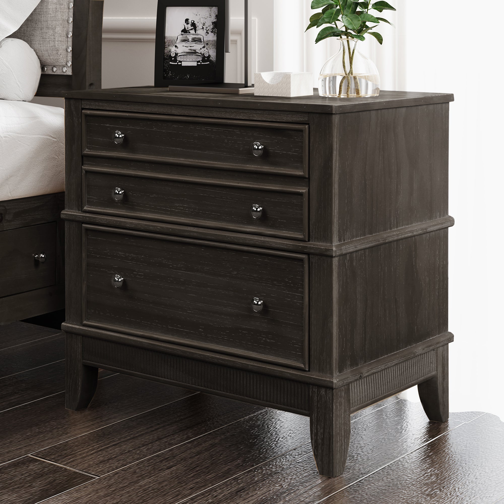 3-Drawer Solid Wood Nightstand in Natural/ Coffee
