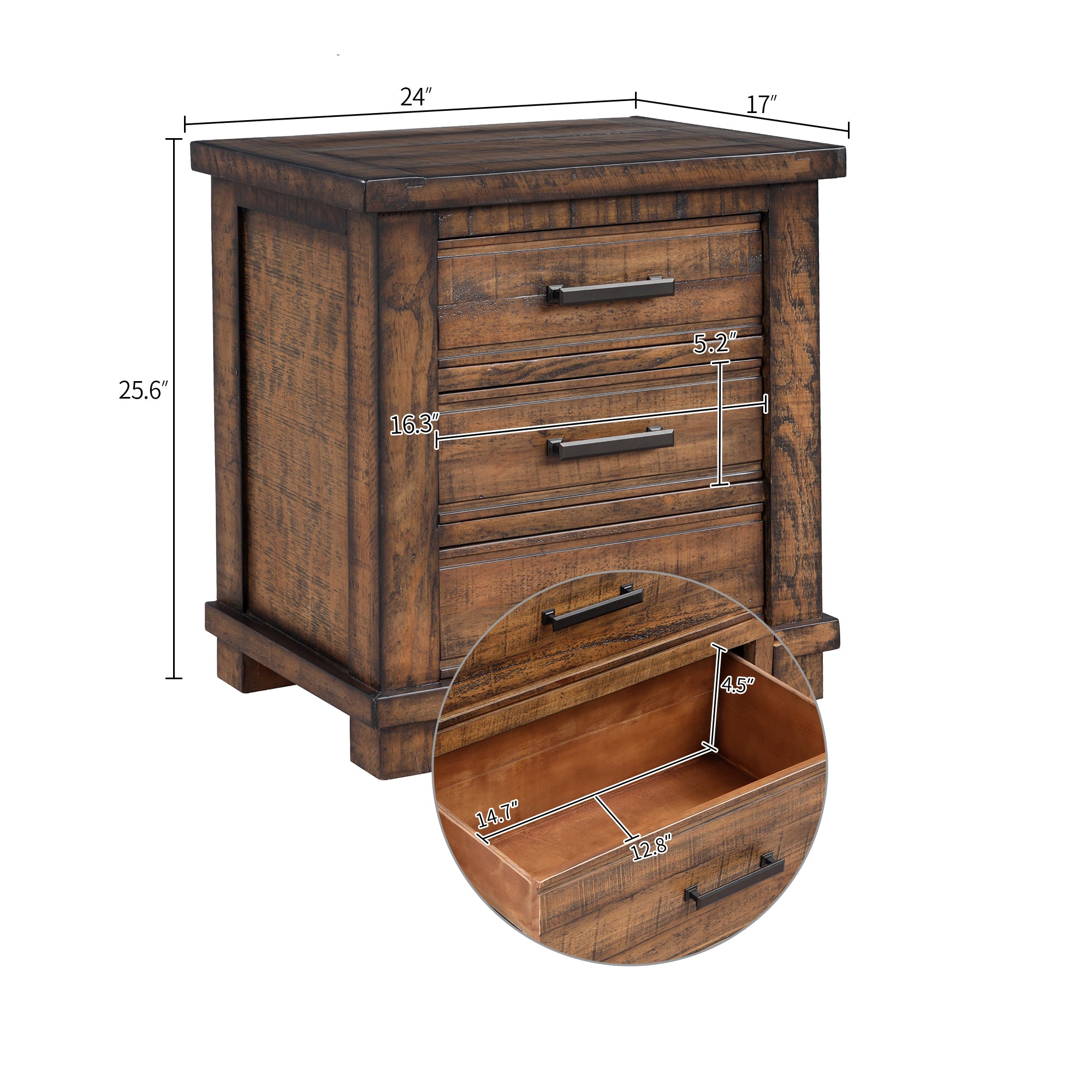 3-Drawer Solid Wood Nightstand in Natural/ Coffee