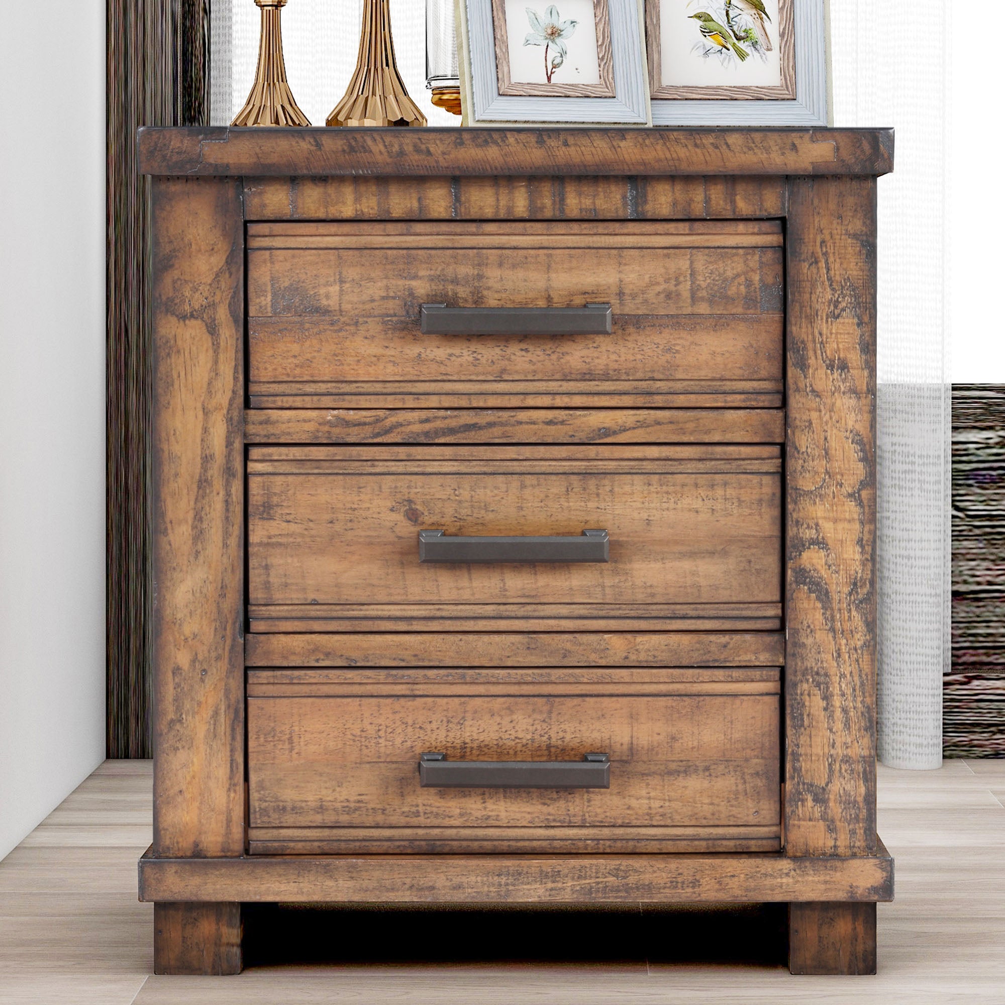 3-Drawer Solid Wood Nightstand in Natural/ Coffee