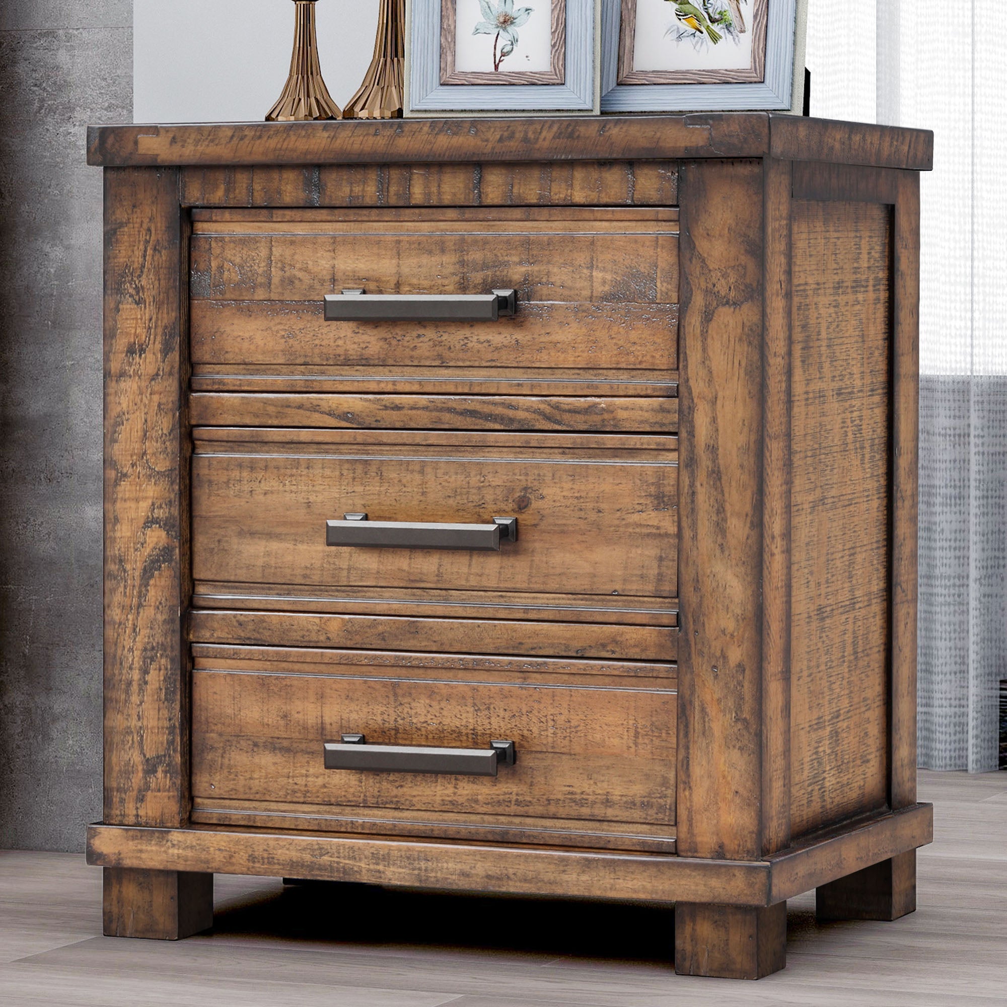 3-Drawer Solid Wood Nightstand in Natural/ Coffee