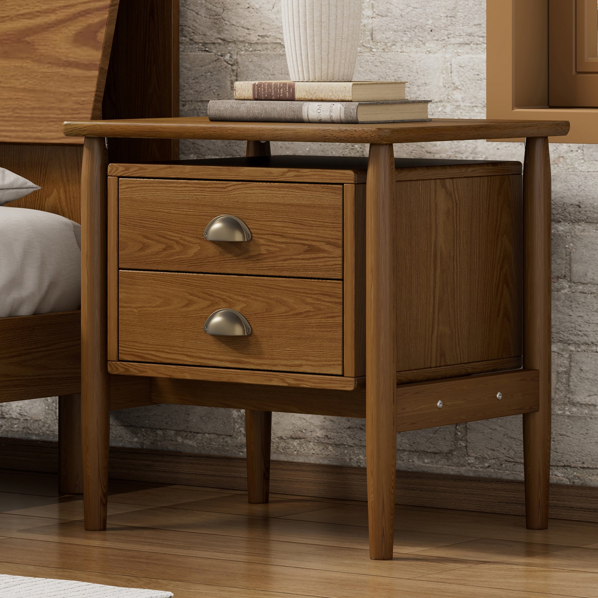 2-Drawer Rubber Wood Nightstand in Walnut