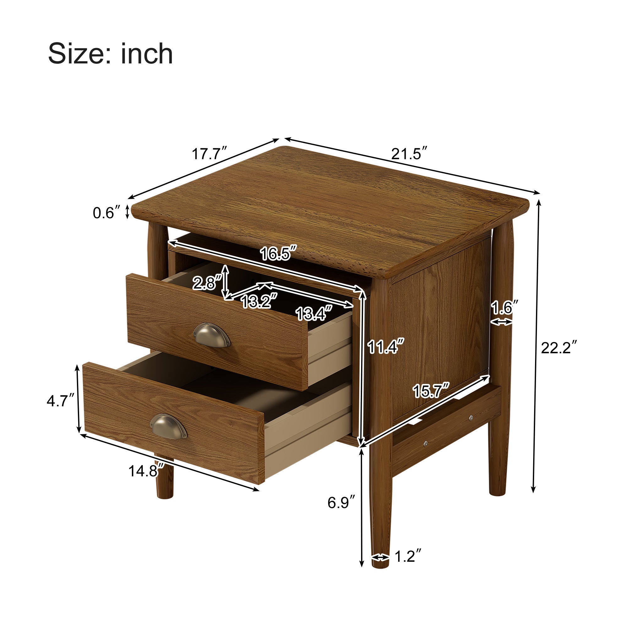 2-Drawer Rubber Wood Nightstand in Walnut