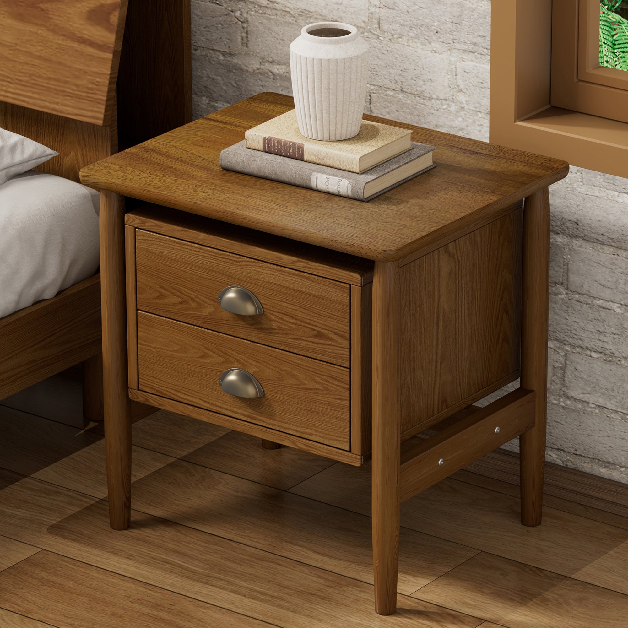 2-Drawer Rubber Wood Nightstand in Walnut