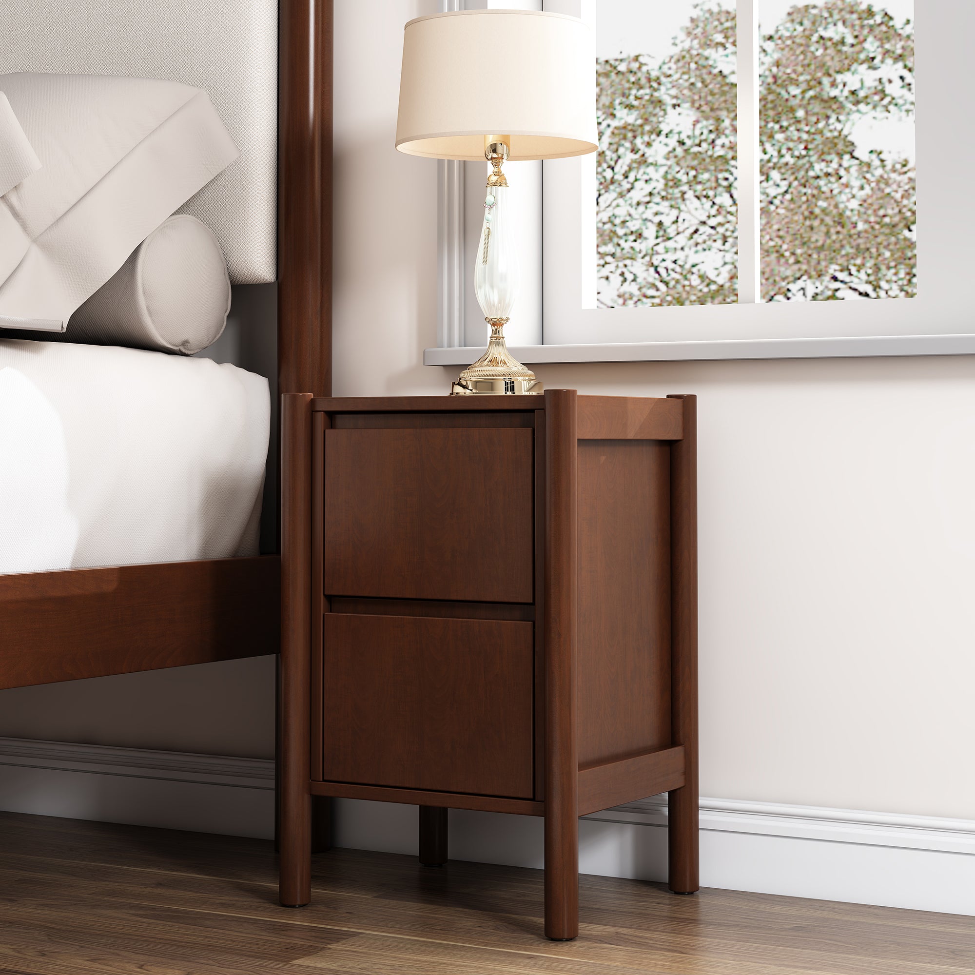 2-Drawer Rubber Wood Nightstand in Walnut