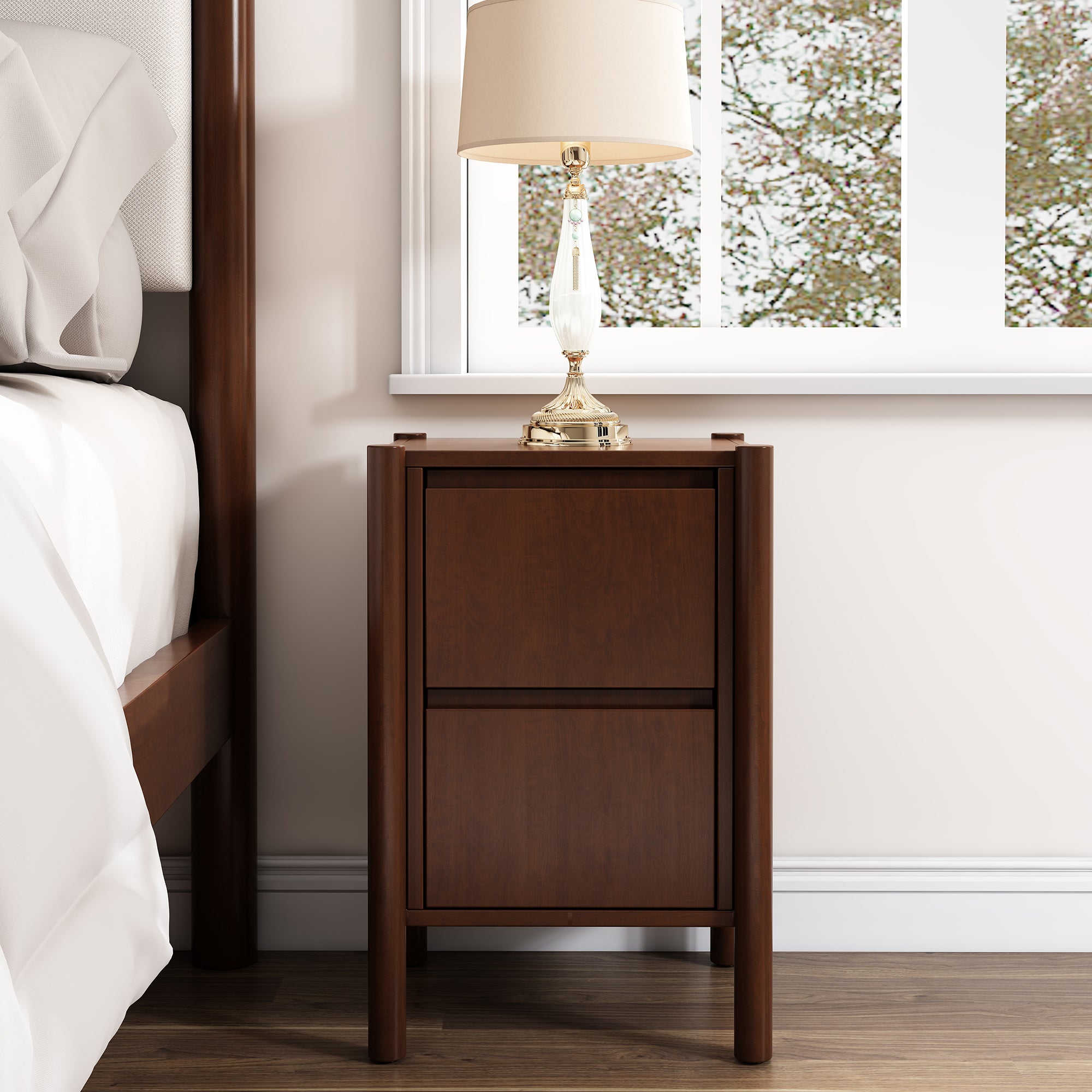 2-Drawer Rubber Wood Nightstand in Walnut