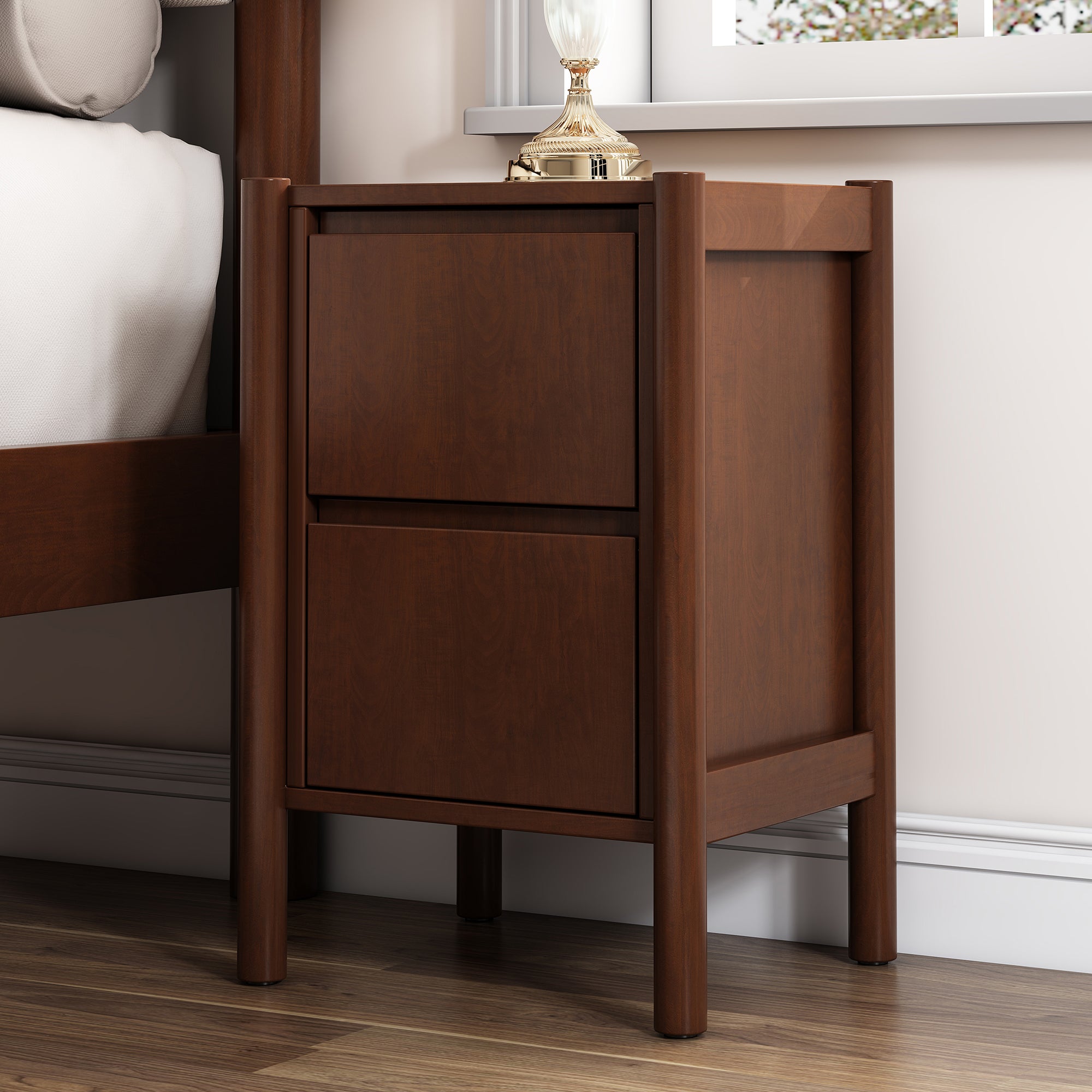 2-Drawer Rubber Wood Nightstand in Walnut