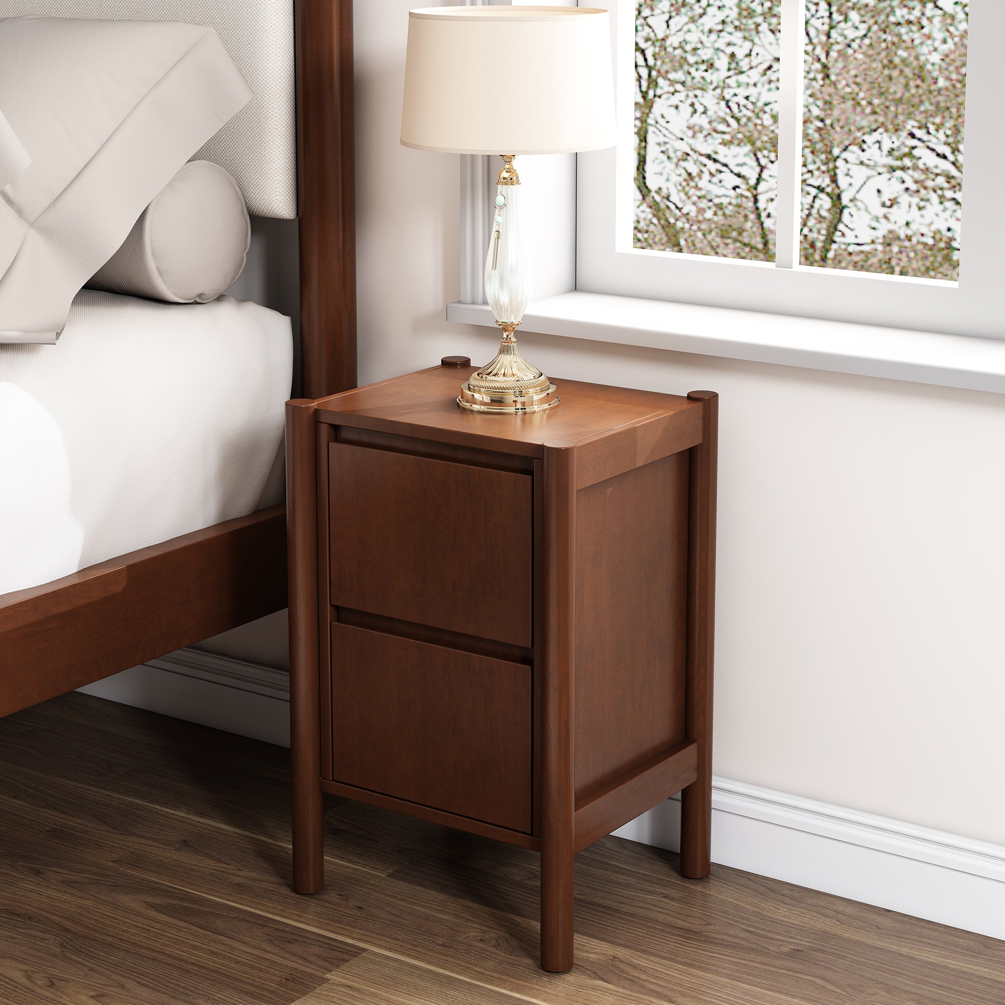 2-Drawer Rubber Wood Nightstand in Walnut