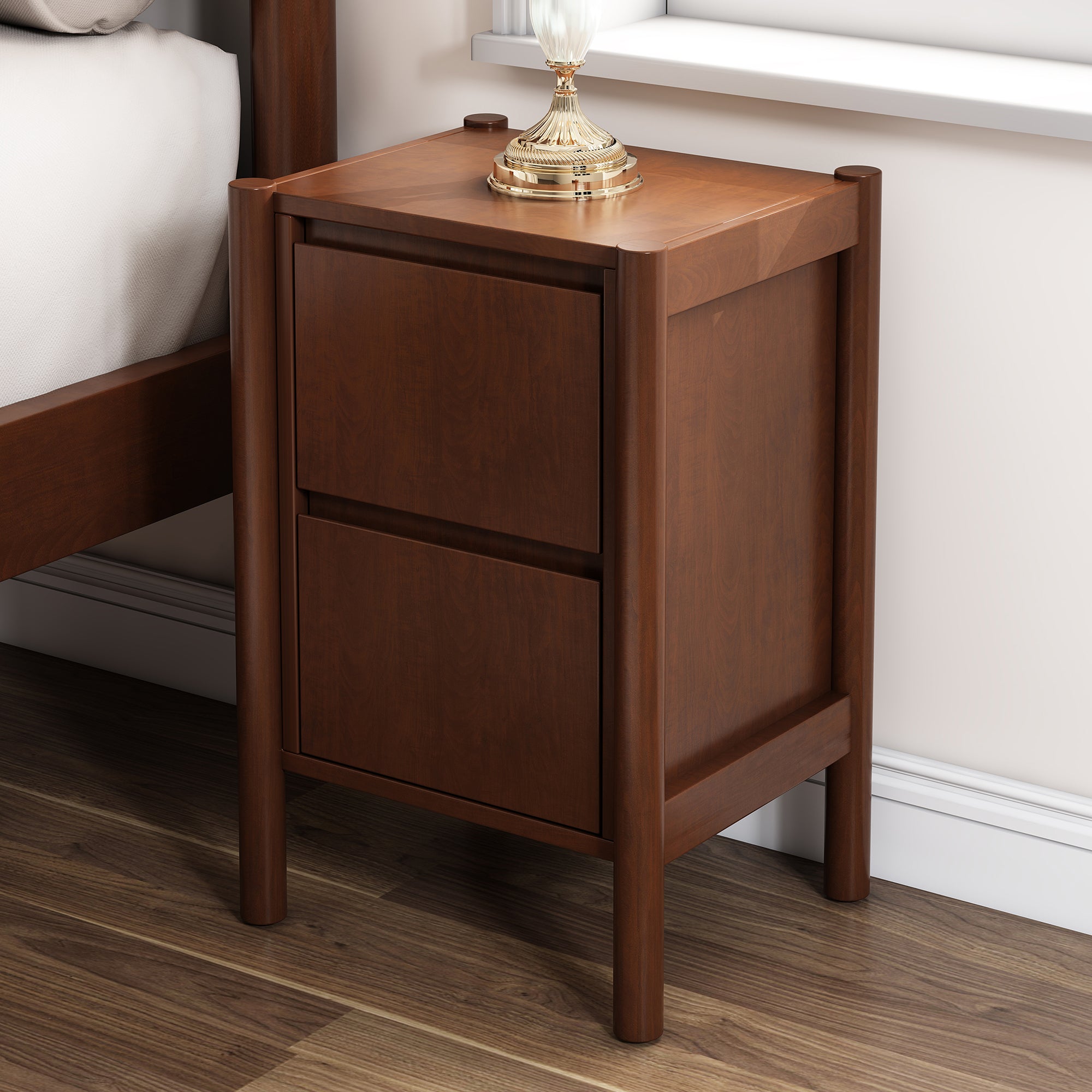 2-Drawer Rubber Wood Nightstand in Walnut