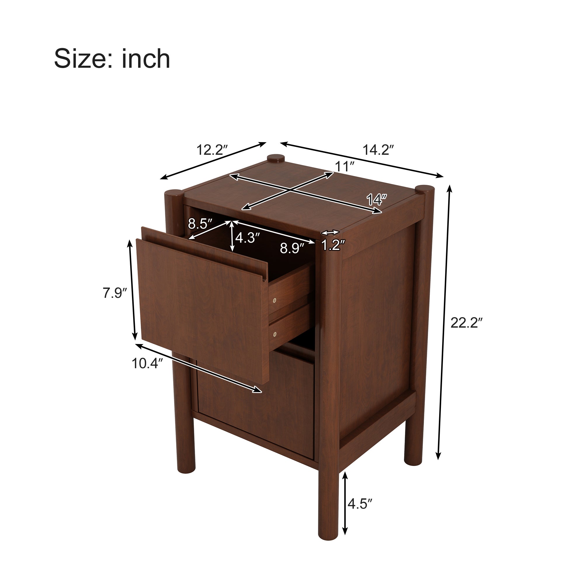 2-Drawer Rubber Wood Nightstand in Walnut
