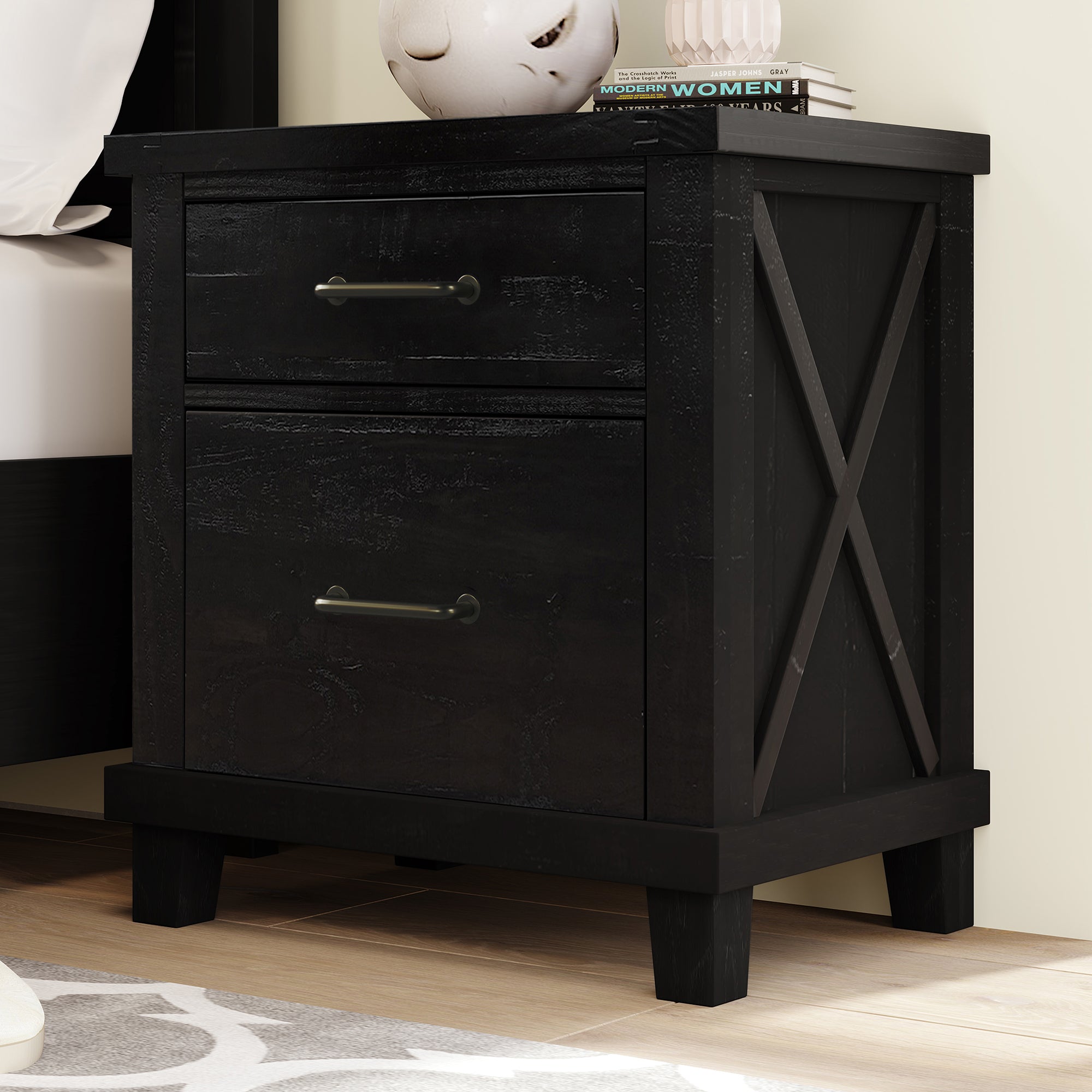 2-Drawer Rubber Wood Nightstand in Antique White