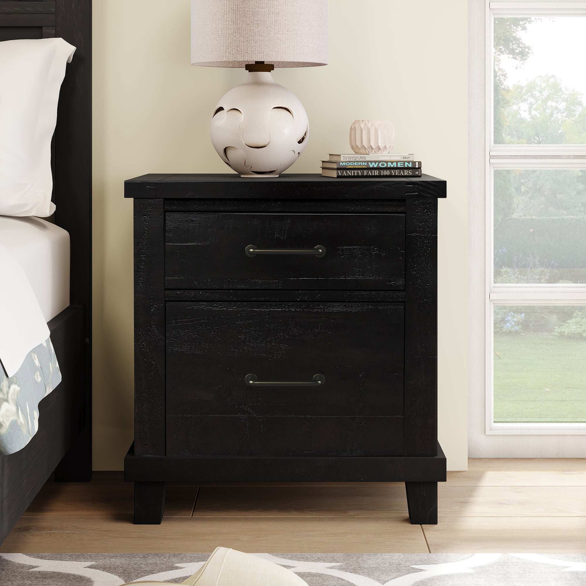 2-Drawer Rubber Wood Nightstand in Antique White