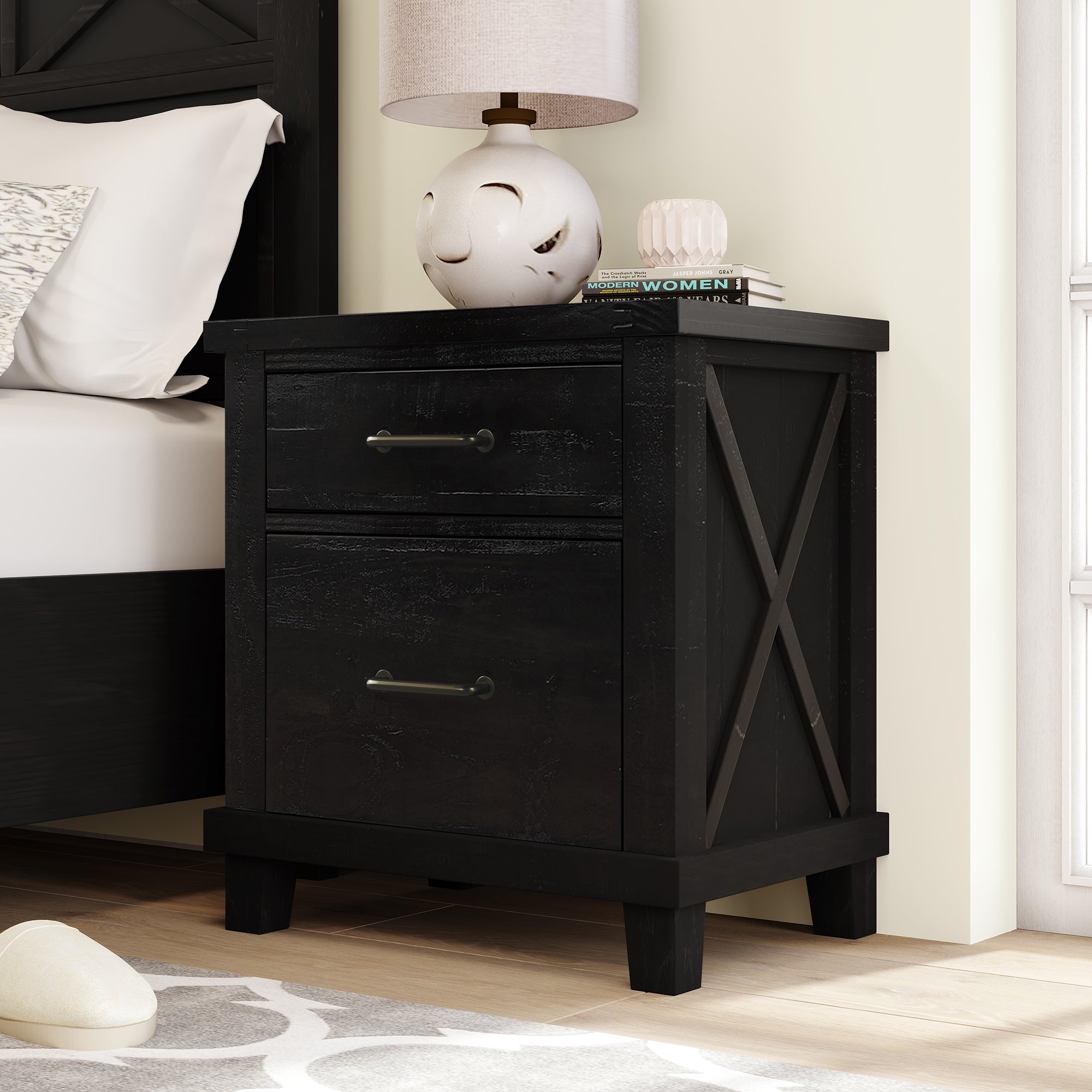 2-Drawer Rubber Wood Nightstand in Antique White