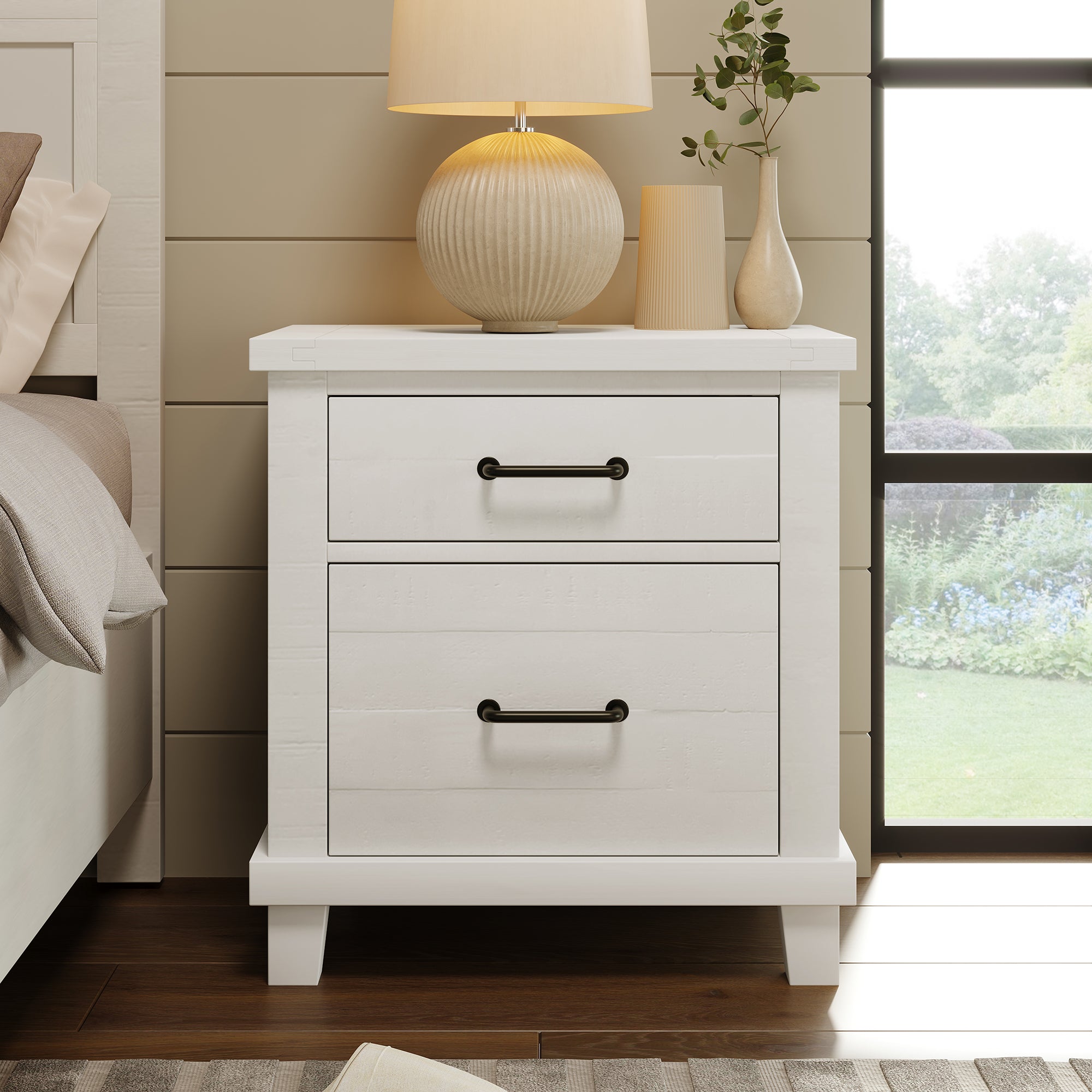 2-Drawer Rubber Wood Nightstand in Antique White